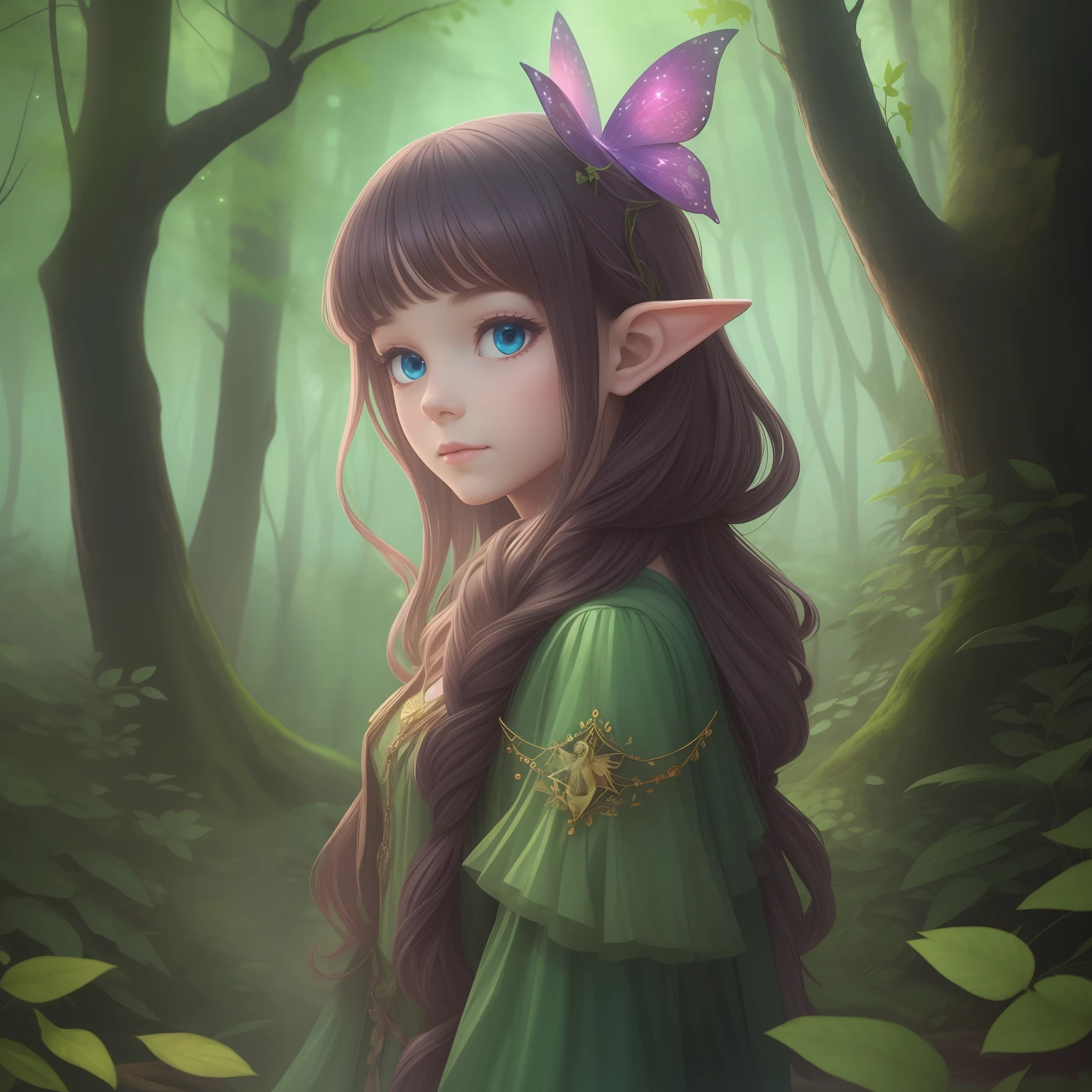 A young fairy in the mysterious forest surrounded by stars rapped in inigma.