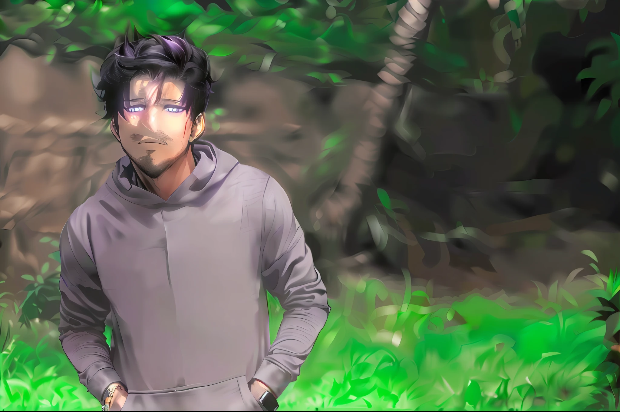 1man,1boy,muscualr,black hair,purple eyes, trained, suit,solo