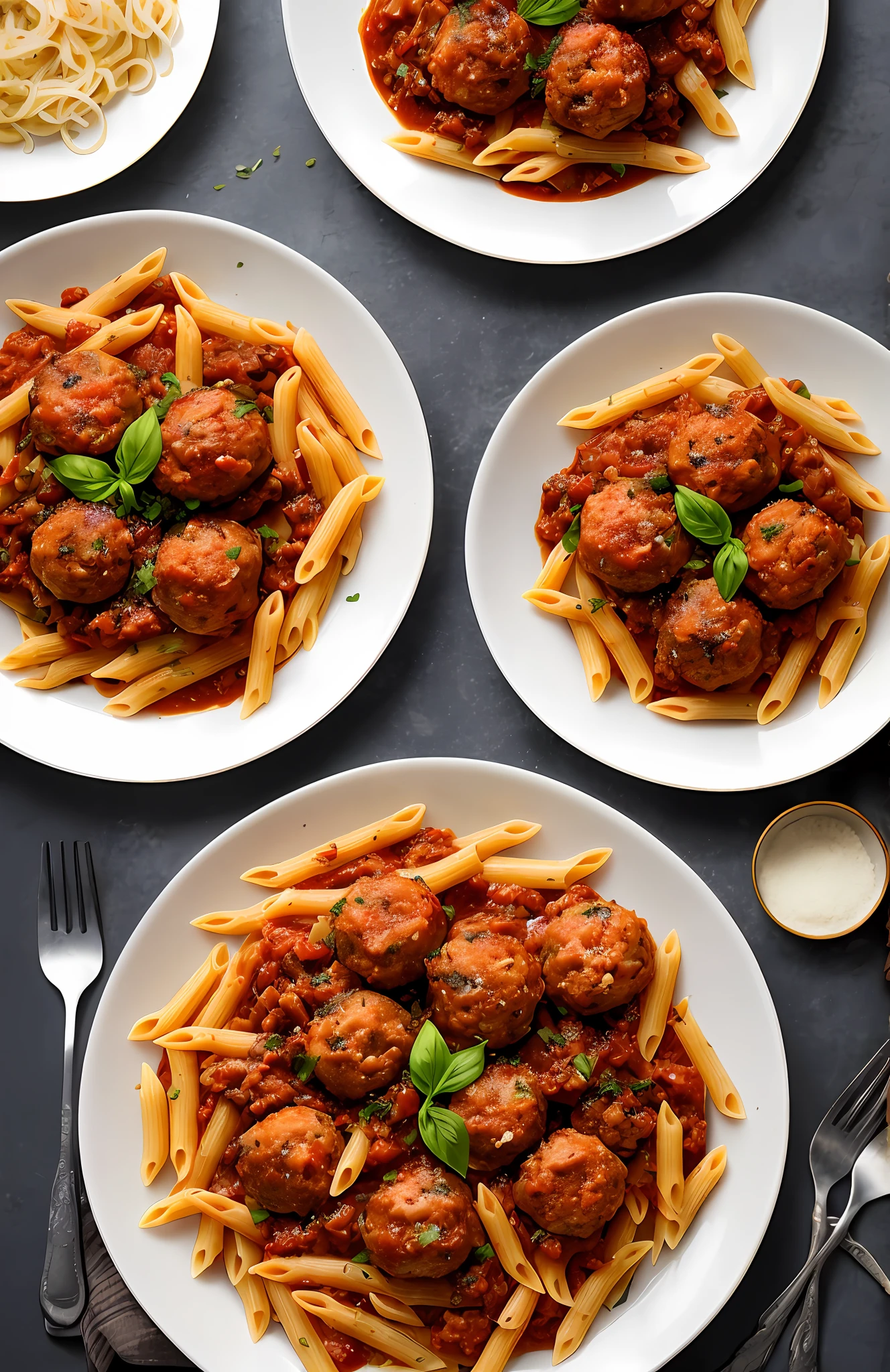 uma massa de penne, Bolognese sauce and meatballs, fotografia de comida, com cores vibrantes e apetitosas, luz natural suave, texturas suculentas e deslumbrantes, immersive capture angle, Sharp focus and irresistible taste.