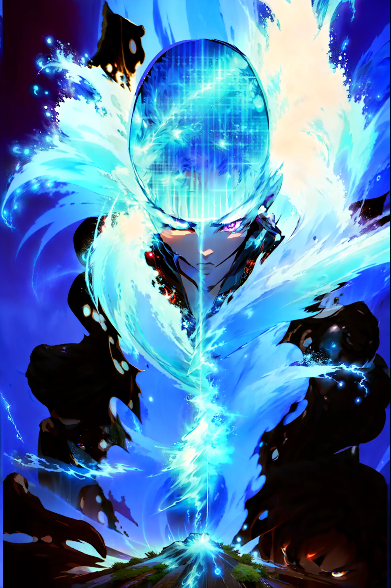 Close up of a storm full of lightning on a purple and blue background，Glowing black halo，Aura of evil，8K anime，An epic anime with lightning power，Epic anime style，Menacing aura，Aura of darkness，Evolves into the final shape of the storm，Glowing aura of power，Cosmic forces shine and prosper，Many lightning bolts surround the characters