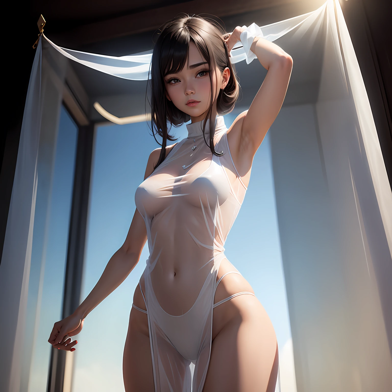 A woman who is,see-through transparent clothes