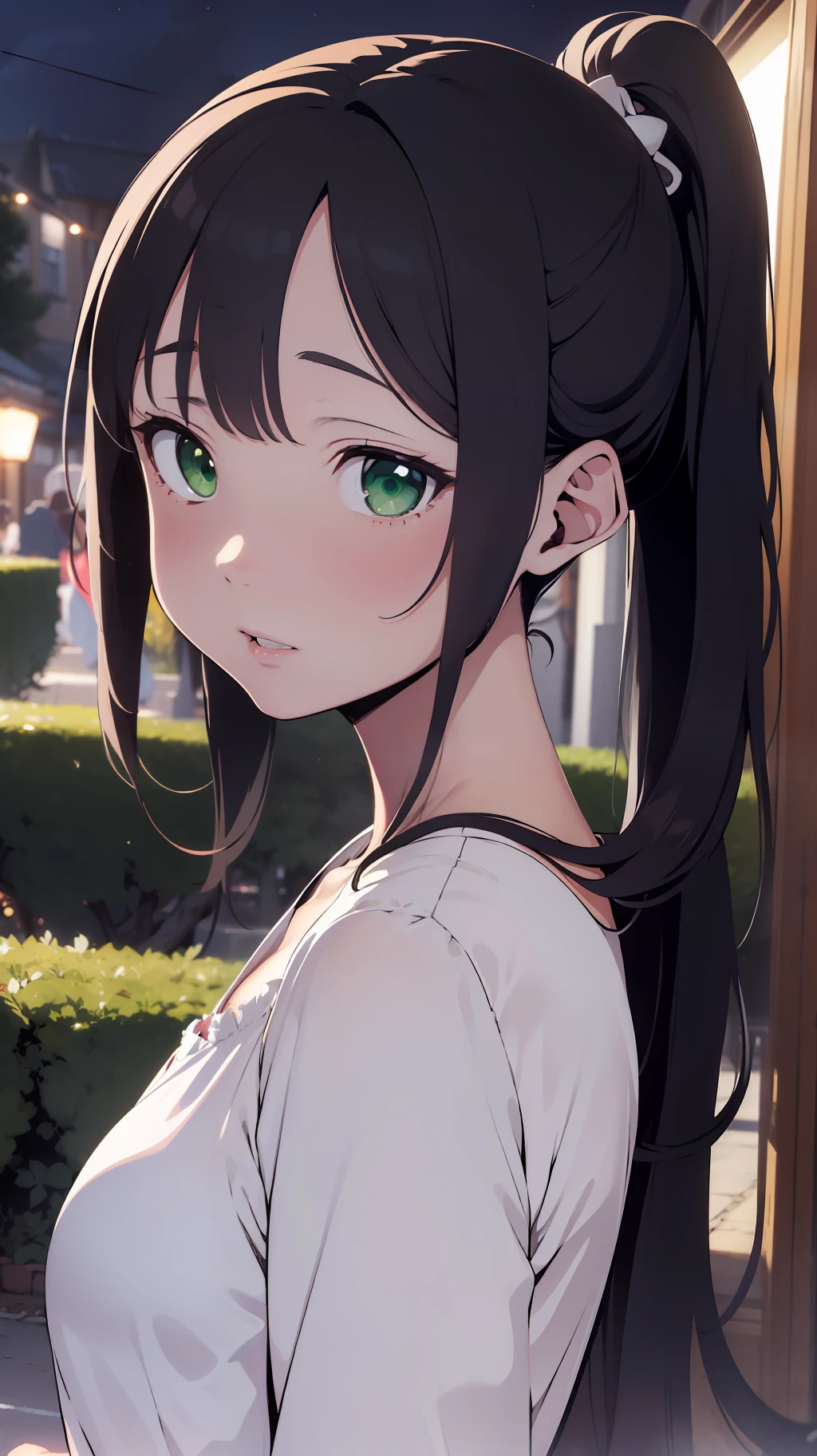 (((one woman,long hair,ponytail,bangs,slender face,sharp eyes,green eyes,detailed eyes,small breast,white blouse,navy jeans,surprised,flushed cheek))),masterpiece,extremely high quality,extremely fine and beautiful,hyper detail,dynamic resolution,sharp focus,anime style,incoming kiss,kissing the viewer,closeup face,closed eyes,in the park,at night,1girl