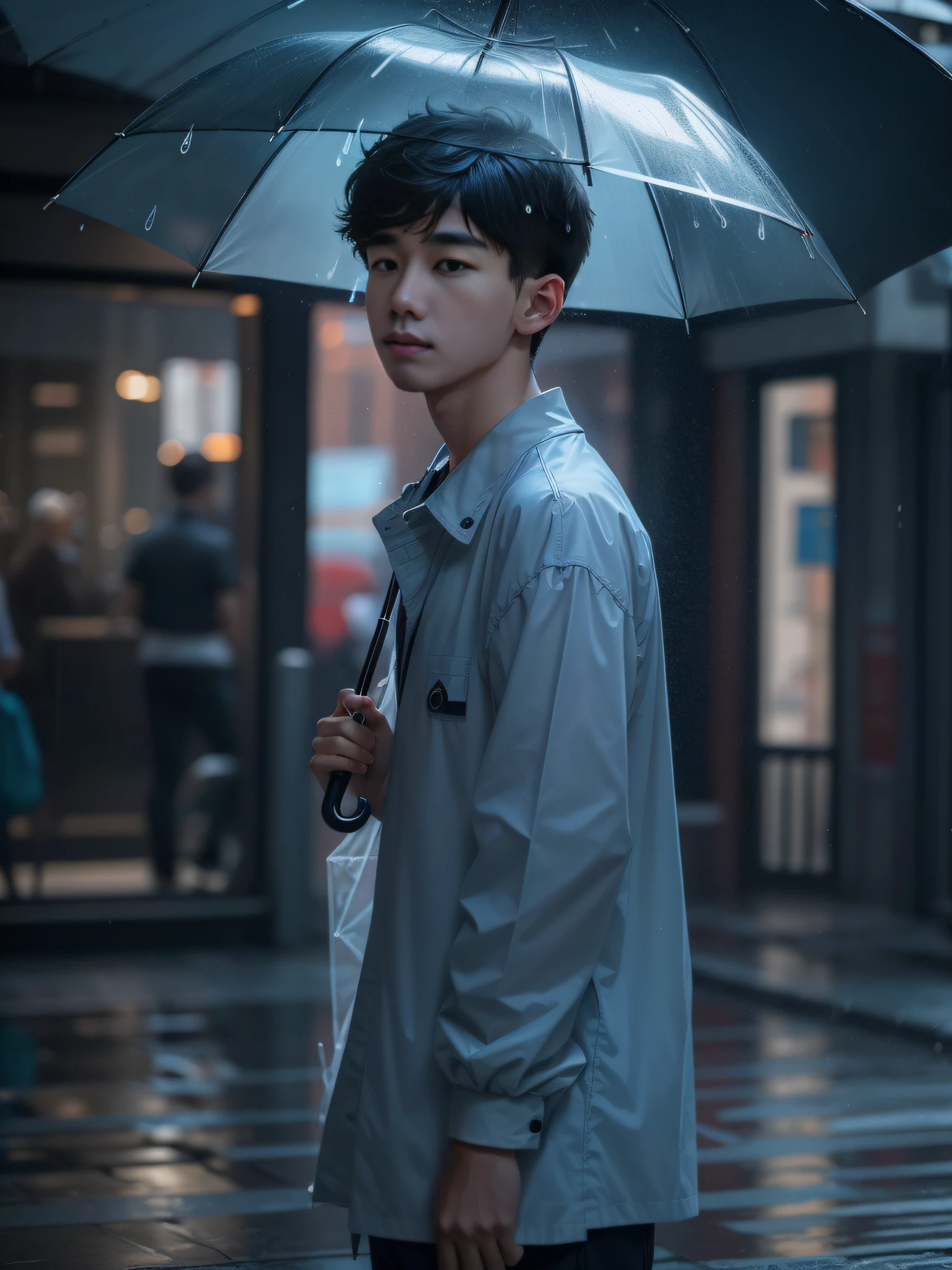 A 20-year-old boy,With a transparent umbrella --auto