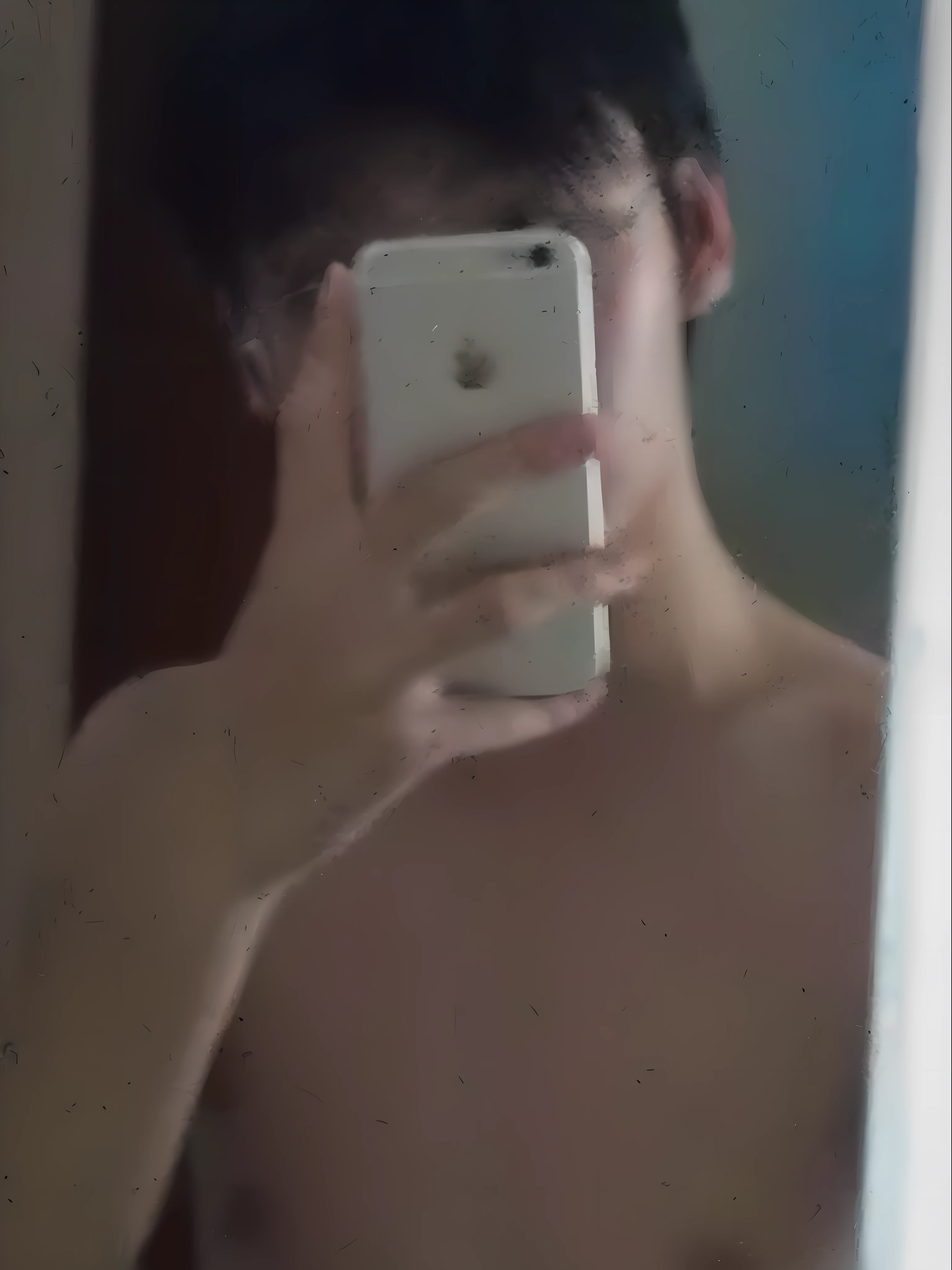 there is a man taking a picture of himself in a mirror, Mirror selfie, middle body shot, iphone selfie, 2 3 years old, 2 2 years old, leaked photo, half-body photo, 18 years old, blurry image, 1 6 years old, low quality photo, bad selfie, The upper part of the body, self-shot!!!!! of a man, distorted photo