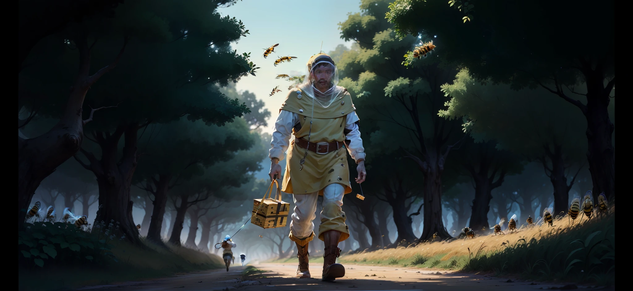 Beekeeper in white bee protective suit，Carry the beehive，The beehive is tied with twine，Carry it on your back。It's the elves，Walking on the steppe，It is surrounded by bees，The body is also crawling with bees。He is a beekeeper，He held a light crossbow in his hand