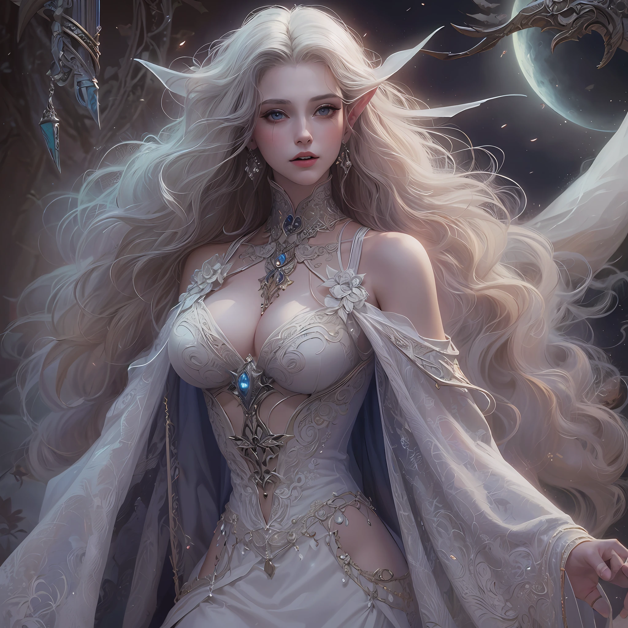 fantasy art, dnd art, (masterpiece:1.5), full body best details, highly detailed, best quality, highres, portrait of a vampire, elf (1.6, fantasy art, Masterpiece, best quality), ultra feminine, wizard, (1.4 intricate details, fantasy art, Masterpiece, best quality) with a long curvy hair, light color hair, blue eyes, (fantasy art, Masterpiece, best quality), ((beautiful delicate face)), Ultra Detailed Face (1.6 intricate details, fantasy art, Masterpiece, best quality), visible vampiric fangs, white cloak, flowing cloak (1.4 intricate details, fantasy art, Masterpiece, best quality), wearing an intricate dress (1.4 intricate details, fantasy art, Masterpiece, best quality), in urban background, fantasy, at night light, natural ,moon light, clouds, dynamic atmosphere, soft light, dynamic light, [[anatomically correct]], high details, best quality, 8k, [ultra detailed], masterpiece, best quality, (extremely detailed), dynamic angle