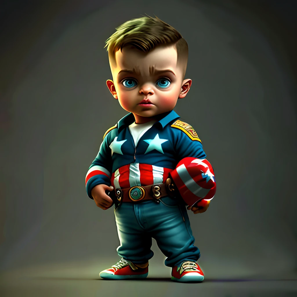 cbzbb, captain american,charachter,cute, little, beautiful, Devian Art, Trending Artstation, Digital Art, Detailed, Cute, Realistic, Humanoid, Character, Tiny,Cinematic Sho,Cinematic Lights,captain american, Looks happy