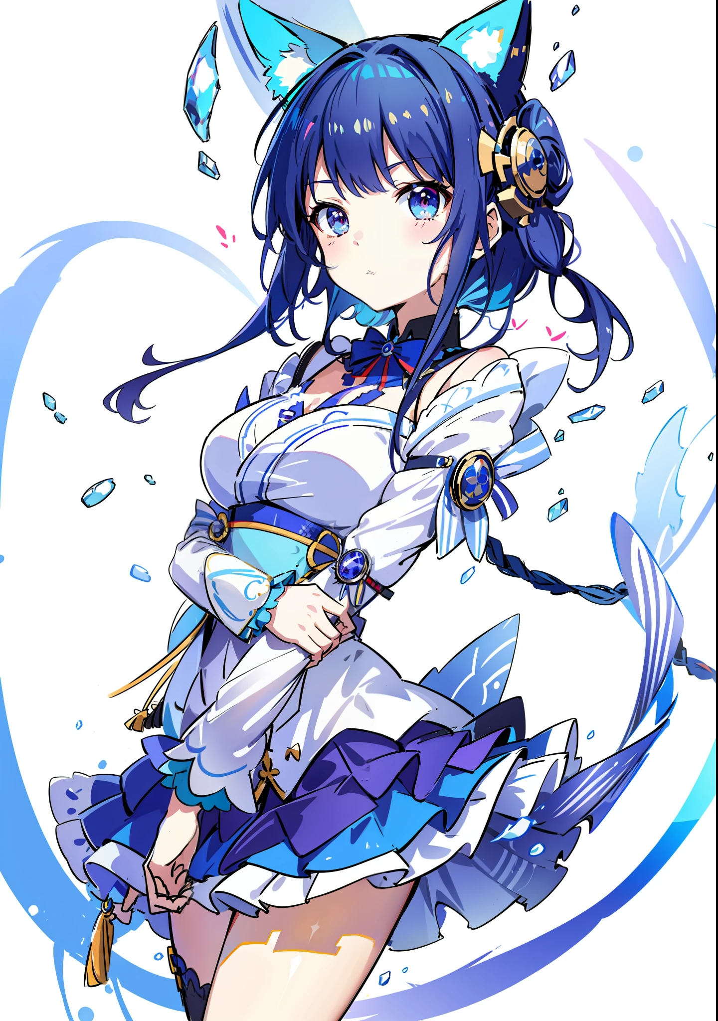 blue hairs，Anime girl with cat ears and blue skirt, Marin Kitagawa fanart, nagatoro, azur lane style, anime moe art style, zerochan art, Hestia, Waifu, A scene from the《azur lane》videogame, Anime goddess, Splash art anime Loli, rei hiroe, zerochan, (Anime girl), negao, Anime Huaifu