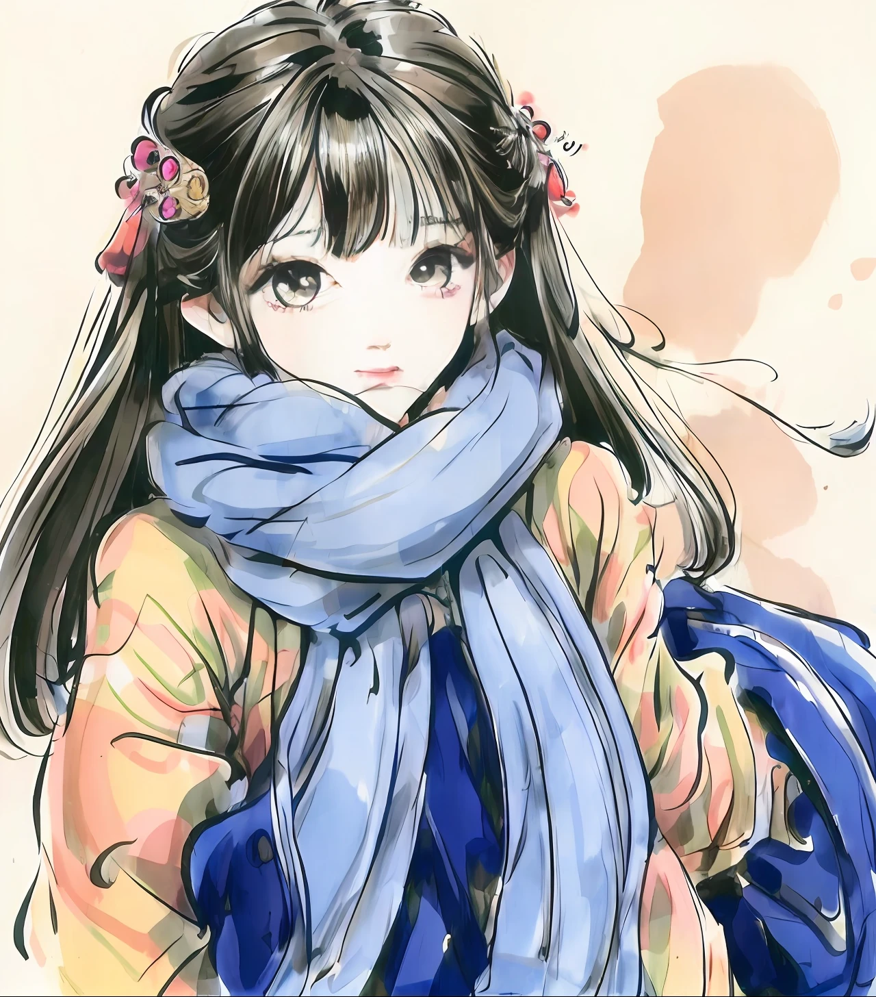 a drawing of a girl in a dress with a scarf, inspired by Tsubasa Nakai, Shoujo manga character design, inspired by Kusumi Morikage, tsubasa nakai's style, female anime character, ( ( concept art of character ) ), inspired by Naoko Takeuchi, inspired by Rumiko Takahashi, traditional japanese concept art
