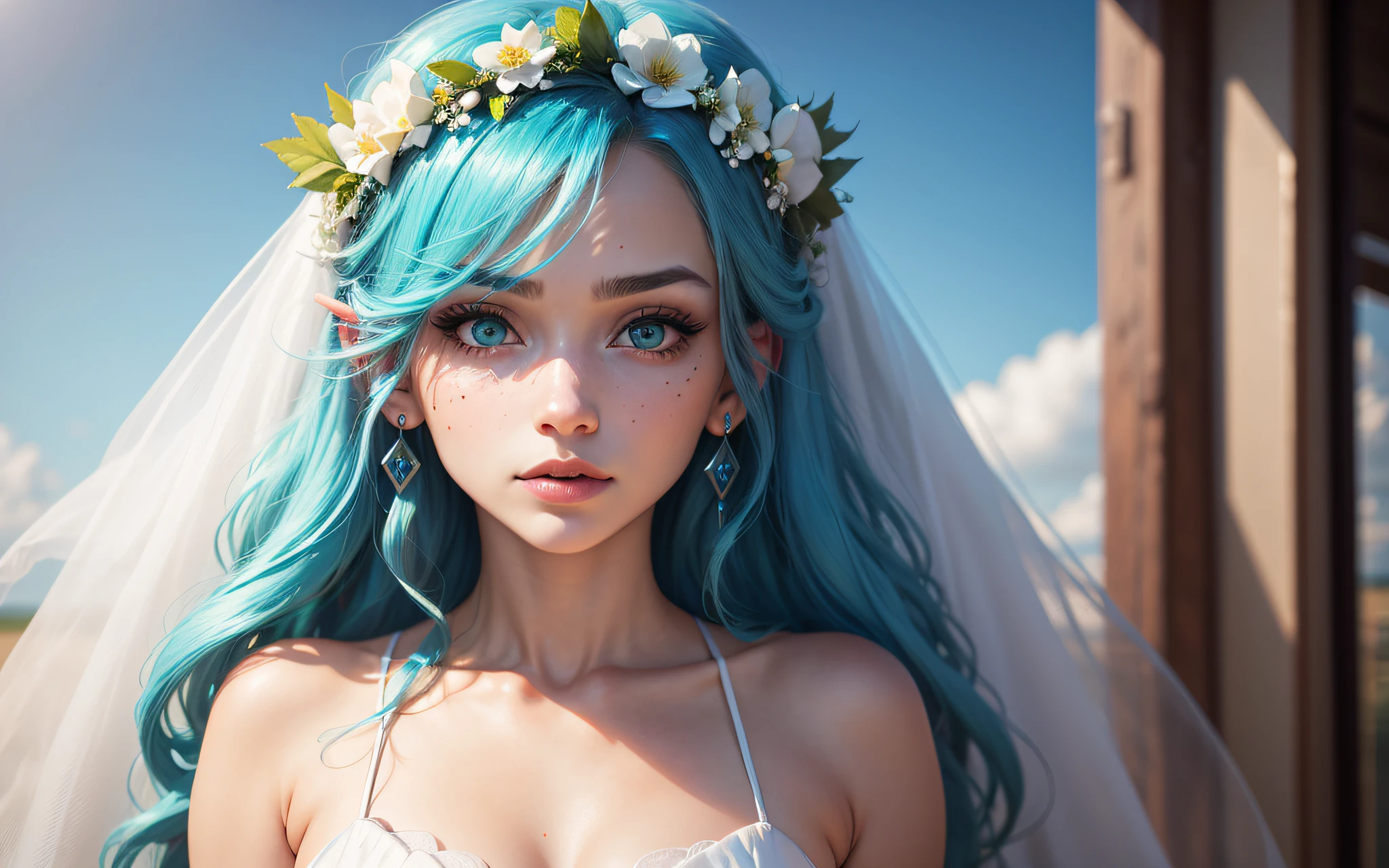 1female，Blue hair, hair over shoulders, Hair moist widow peak, wedding gown, covering eyes, white hair ribbon, head wreath, Moles under eyes, Gradient eyes, aqua eyes, wide-eyed, long eyelasher, Earrings, Pout, Sony FE GM, surrealism, first person perspective, A high resolution，Wedding scenes，Blue sky scene，Prairie scene，Love eyes
