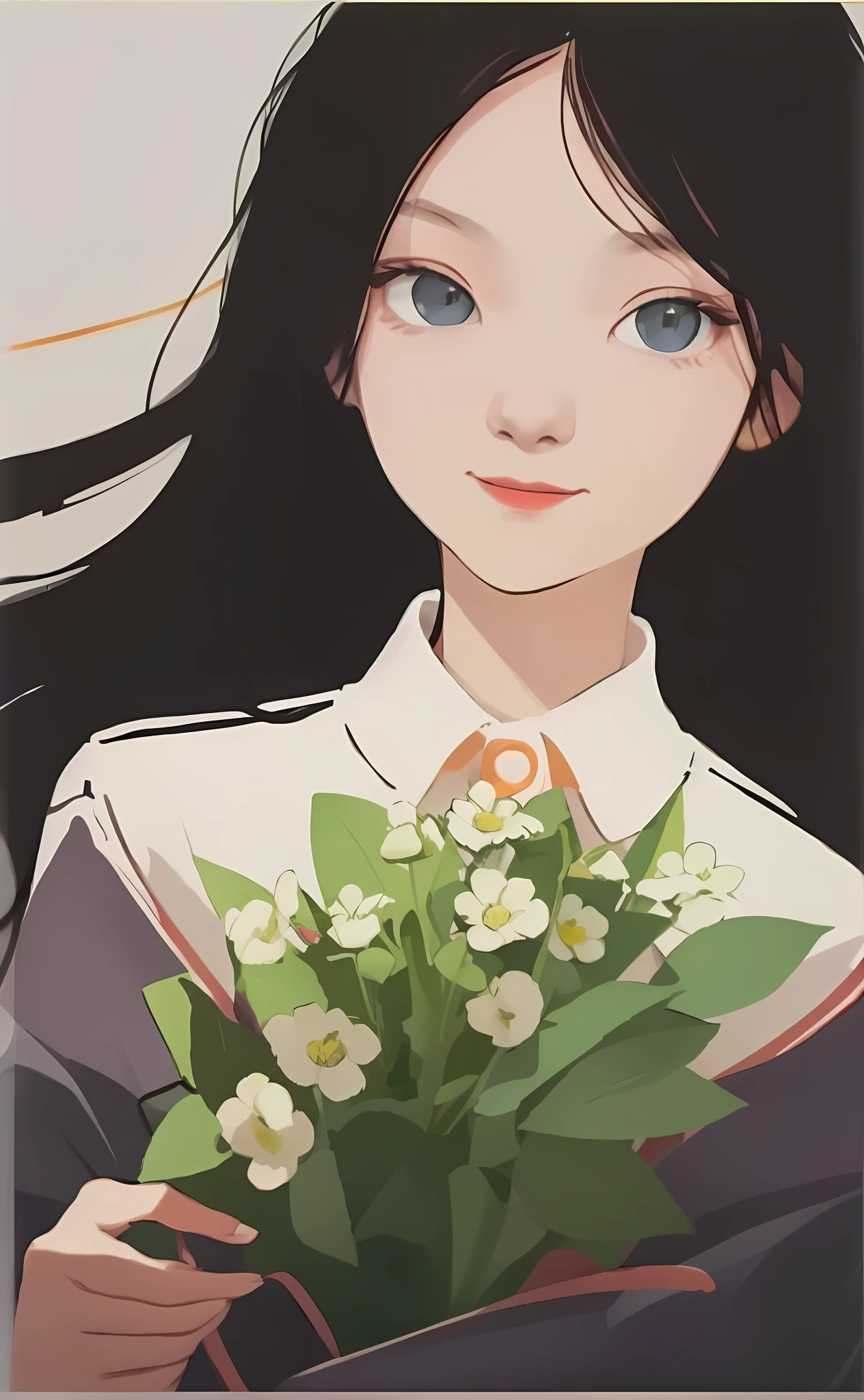 Anime girl holding a bouquet of flowers in her hand, With flowers, Guviz-style artwork, made with anime painter studio, drawn in anime painter studio, Guviz, Holding flowers, Artgerm and Atey Ghailan, lofi portrait, carrying flowers, ilya kuvshinov with long hair, flowers in her dark hair