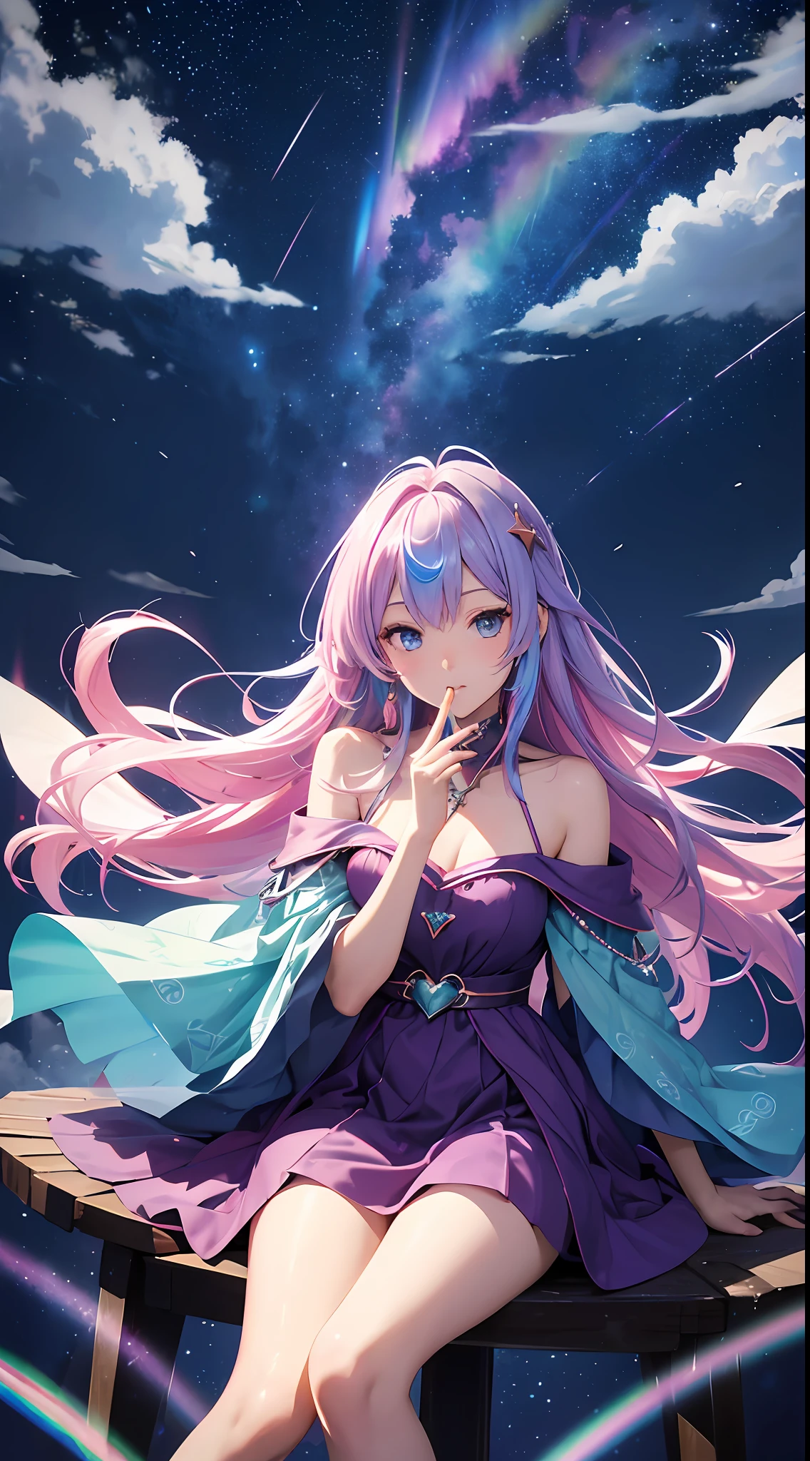 Dark Magician Girl、MKSKS style、2guys、(highly detailed back ground:1.0)、(highly detailed back ground:1.0)、masterpiece、top-quality、An ultra-high picture quality、16 K、Blue eyes、From above、Put your hands between your legs、The upper part of the body、Sitting in a plush chair、Twisting the body、Hair ornament with emerald、Reddish cheeks、Laugh、(1/2 pink and 1/2 Light blue hair、rainbow-colored hair)、(Colorful dress with a lot of draping、Rainbow dress:1.3)、Fur muffler、Silver necklace、Silver bracelet、Bad hands, bad finger, Missing fingers, Extra fingers、(Blowing in the wind:1.4)、(Ray-like pattern:1.4)、(neon-light-effect:1.2)、Aurora、night sky full of stars、shooting stars、fullmoon、natta --auto