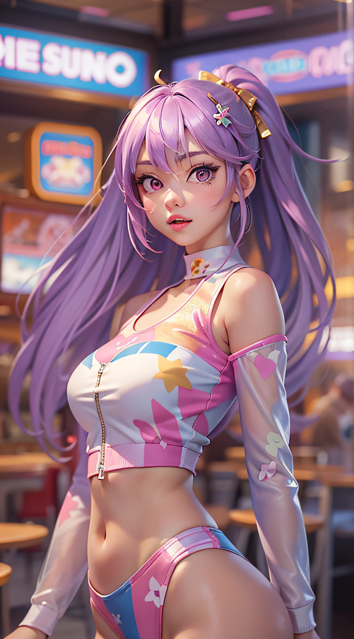 ((Masterpiece)), best quality, absurderes, ultra detailed, holographic, cowboy shot, golden ratio, super cute girl, mature girl, idol girl, super beautiful asian girl with very beautiful violet glowing eyes, beautiful glowing brown multicolored hair, high ponytail, nice and sexy body, slim body, perfect body, wearing a super tight anime printed leotard, an anime printed super tight off shoulder long sleeve crop top, a super aesthetic transparent mini jacket, beautiful hair ornament, pink jordan tennis, playing with her handsome otaku skinny boyfriend, with black messy glowing hair, in the arcade games