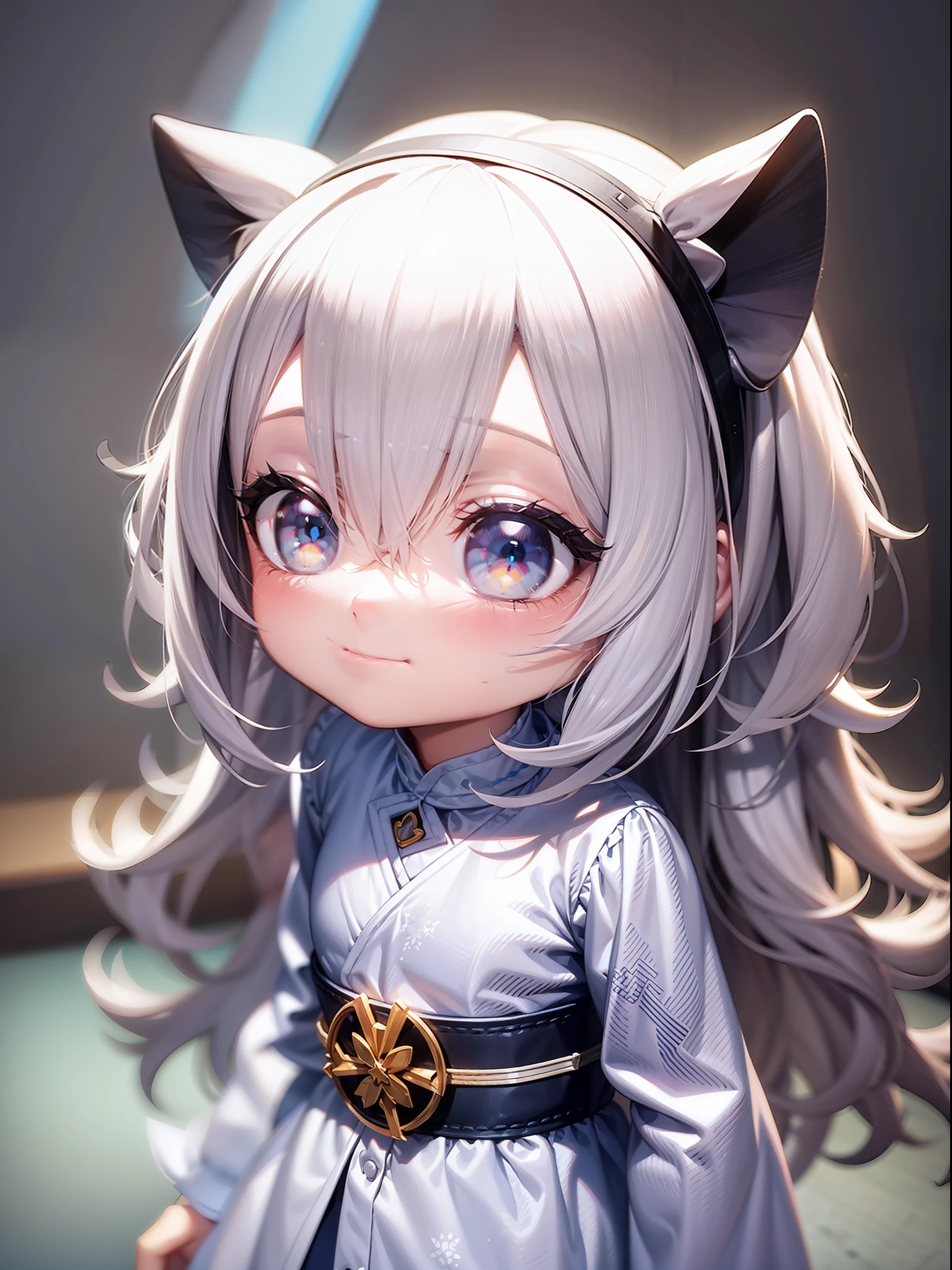 PopMart Blind Box IP, a close-up of a cute, white robe doll, young wanangel style, wearing long and fluent clothes, wlop style, pocelain doll, little people; Unreal Engine 5, Lite 3D/C4D production: 8K HD quality/lighting/ultra-detailed lens depiction 1.5, flawless, chibi background/cinematic.