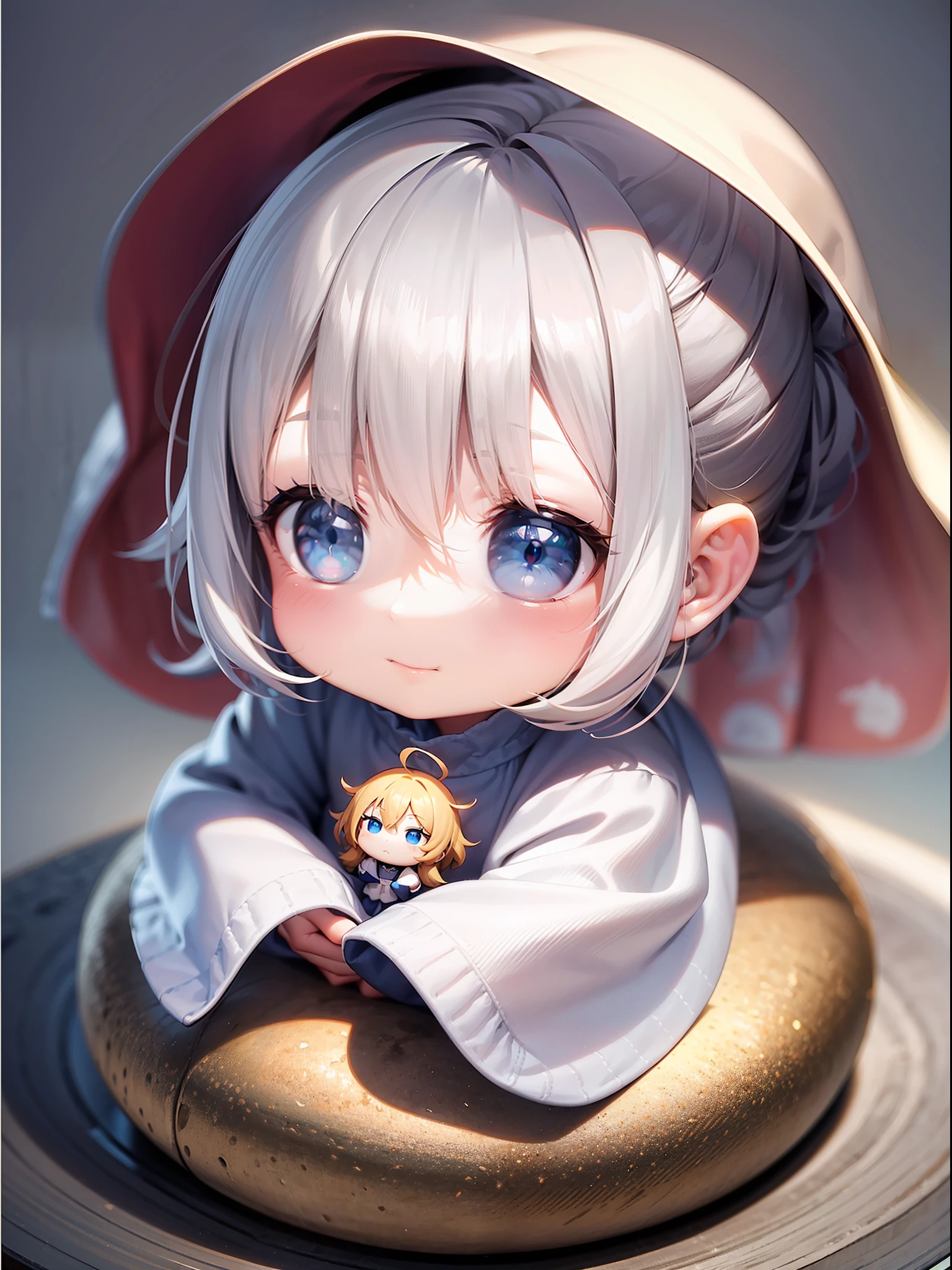PopMart Blind Box IP, a close-up of a cute, white robe doll, young wanangel style, wearing long and fluent clothes, wlop style, pocelain doll, little people; Unreal Engine 5, Lite 3D/C4D production: 8K HD quality/lighting/ultra-detailed lens depiction 1.5, flawless, chibi background/cinematic.