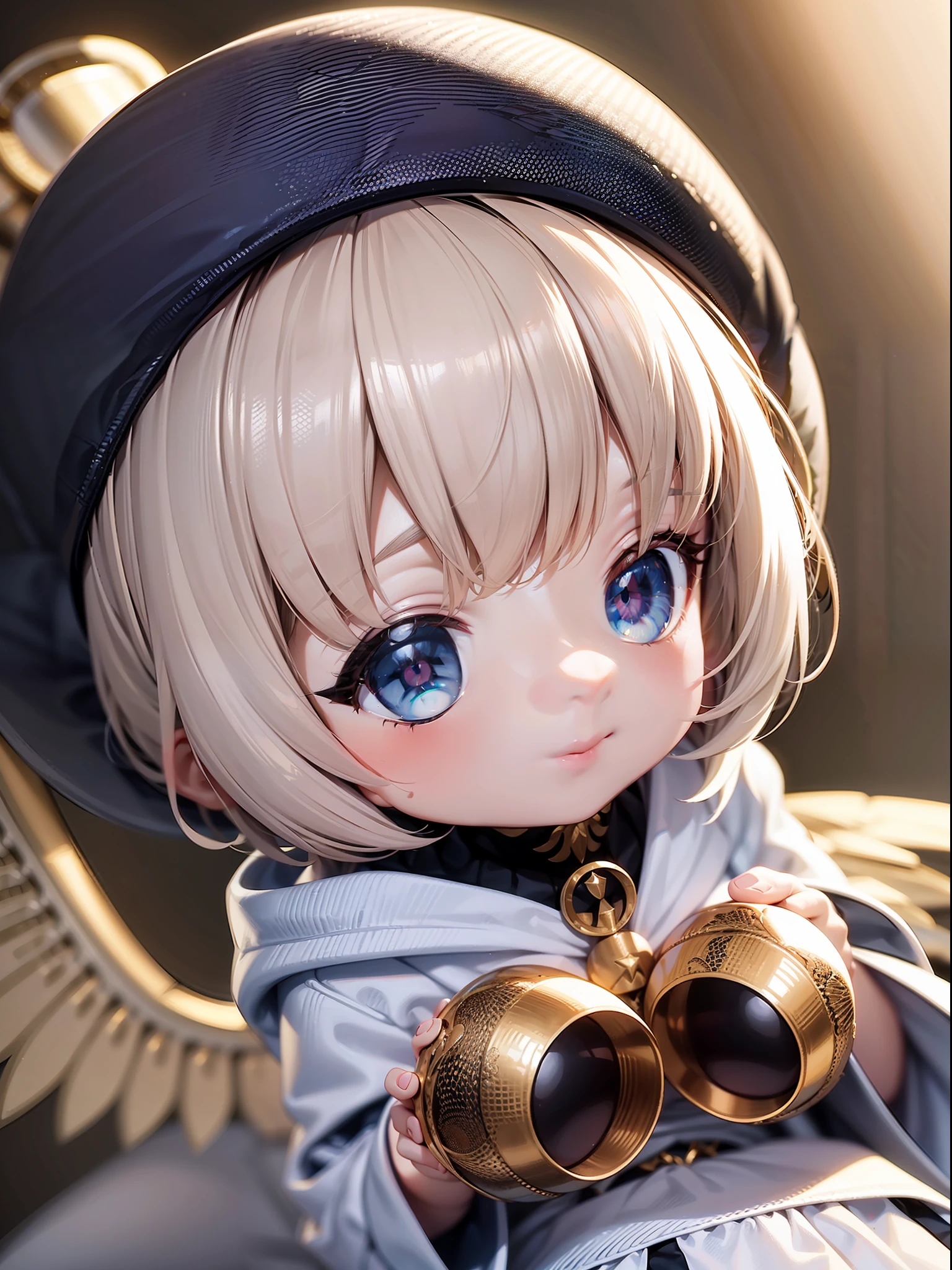 PopMart Blind Box IP, a close-up of a cute, white robe doll, young wanangel style, wearing long and fluent clothes, wlop style, pocelain doll, little people; Unreal Engine 5, Lite 3D/C4D production: 8K HD quality/lighting/ultra-detailed lens depiction 1.5, flawless, chibi background/cinematic.