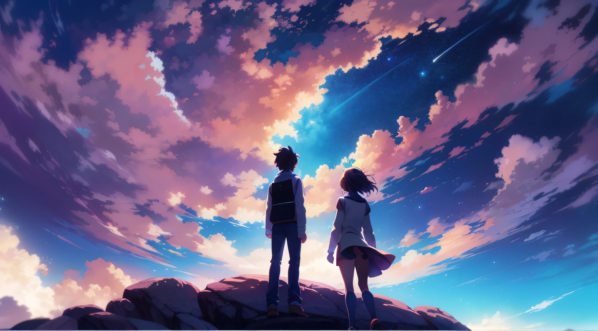 anime scenery of two people standing on a rock looking at the sky, milkyway, cosmic skies. by makoto shinkai, makoto shinkai cyril rolando, beautiful anime scene, anime sky, anime art wallpaper 4 k, anime art wallpaper 4k, anime art wallpaper 8 k, anime beautiful peace scene, in style of makoto shinkai, 4k anime wallpaper