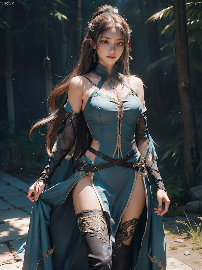 Rendervex garb - Torn blazex bodice, Fractulace knitweave with sparkplume trim, Shadowveil shroud, Shredflare leggings, Luminocharm adornments, Tanglecoil tresses, Ethereal nexus ambience, Glimmerlume illumination