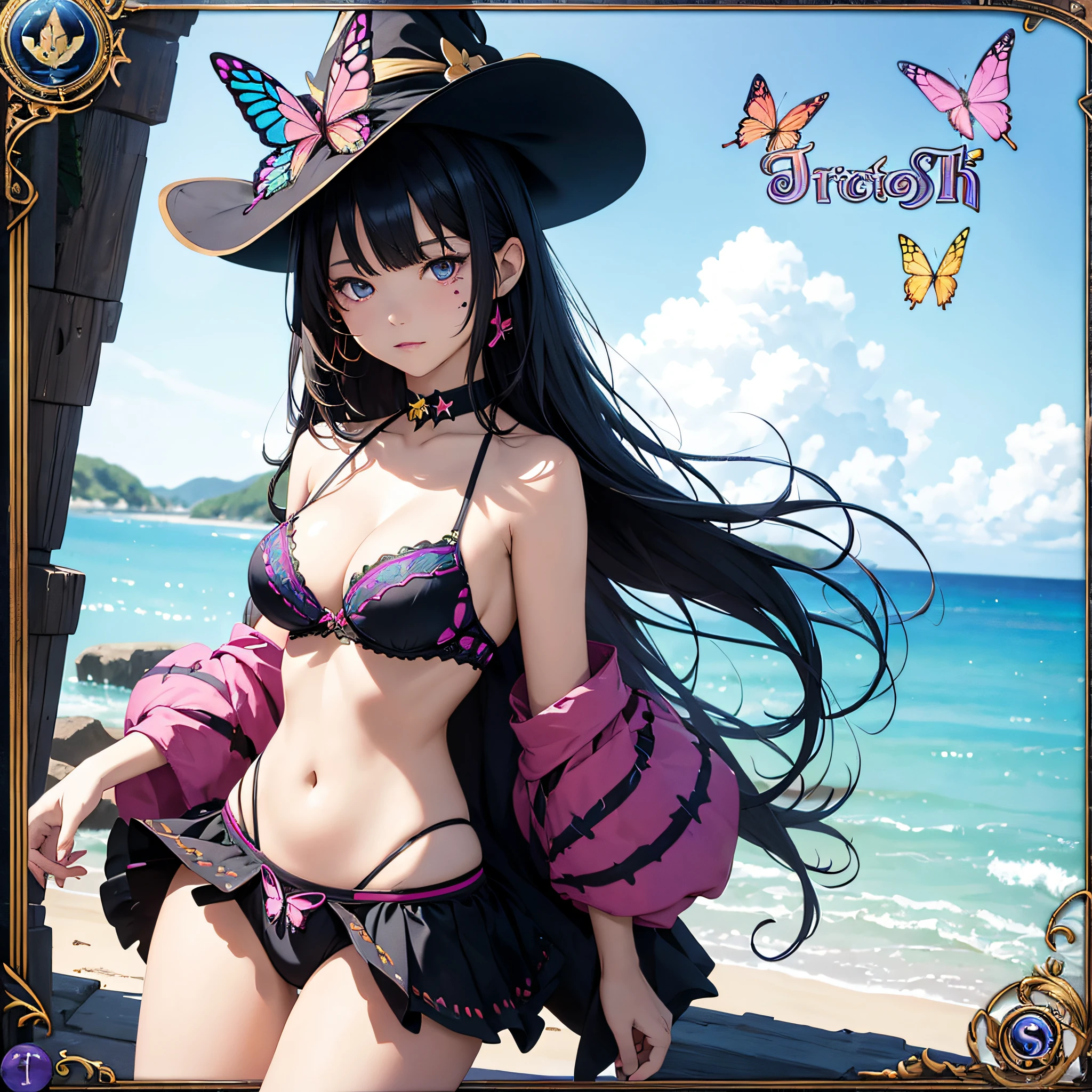 colorful butterfly,Girl,Bikini,Upper body,Witch hat,(Detailed face:1.2), (Medium breasts),(cleavage),(thigh band),Long hair,Asymmetrical bangs,Tarot border,The portrait is centered,(without weapons),(bouncing breasts), --auto