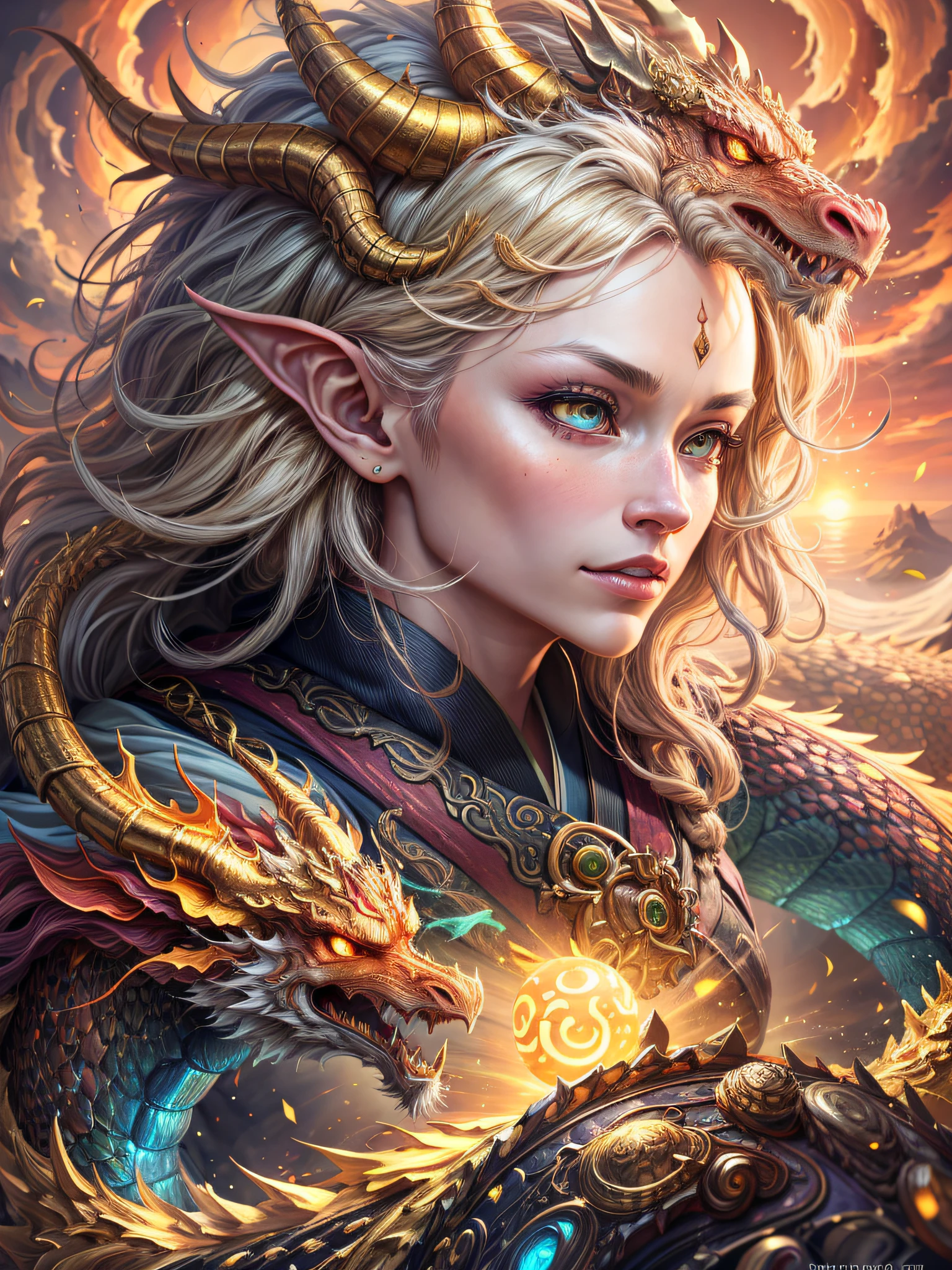 Amazing illustration of one beautiful girl and a dragon, Beautiful rainbow kimono, masutepiece, Golden Chinese dragon surrounded by gold dust, Wind, god, long wavy body, tusk, Fantasy, myth, High quality, Highly detailed, masutepiece, epicd, Particle effect, dynamic effect, The eyes are crystal, Good luck, Gold background, Rising fortune, gold, Sunrise, Sun, One head, Realistic, Dragon God, eyes are white, The background is golden, Seven Colors of Radiance,