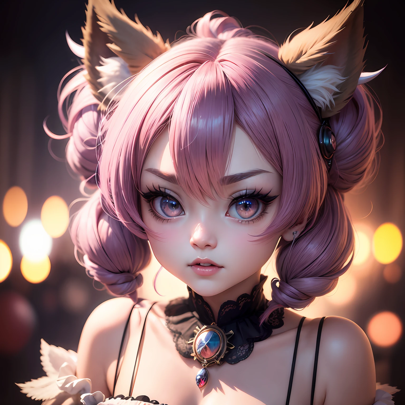 hair bobbles, wince, longeyelashes, solid circle eyes, fake animal ears, ear blush, fang, Surrealism, anaglyph, stereogram, tachi-e, pov, atmospheric perspective, rococo style, blind box toy style, Surrealism, 8k, super detail, ccurate, best quality --auto