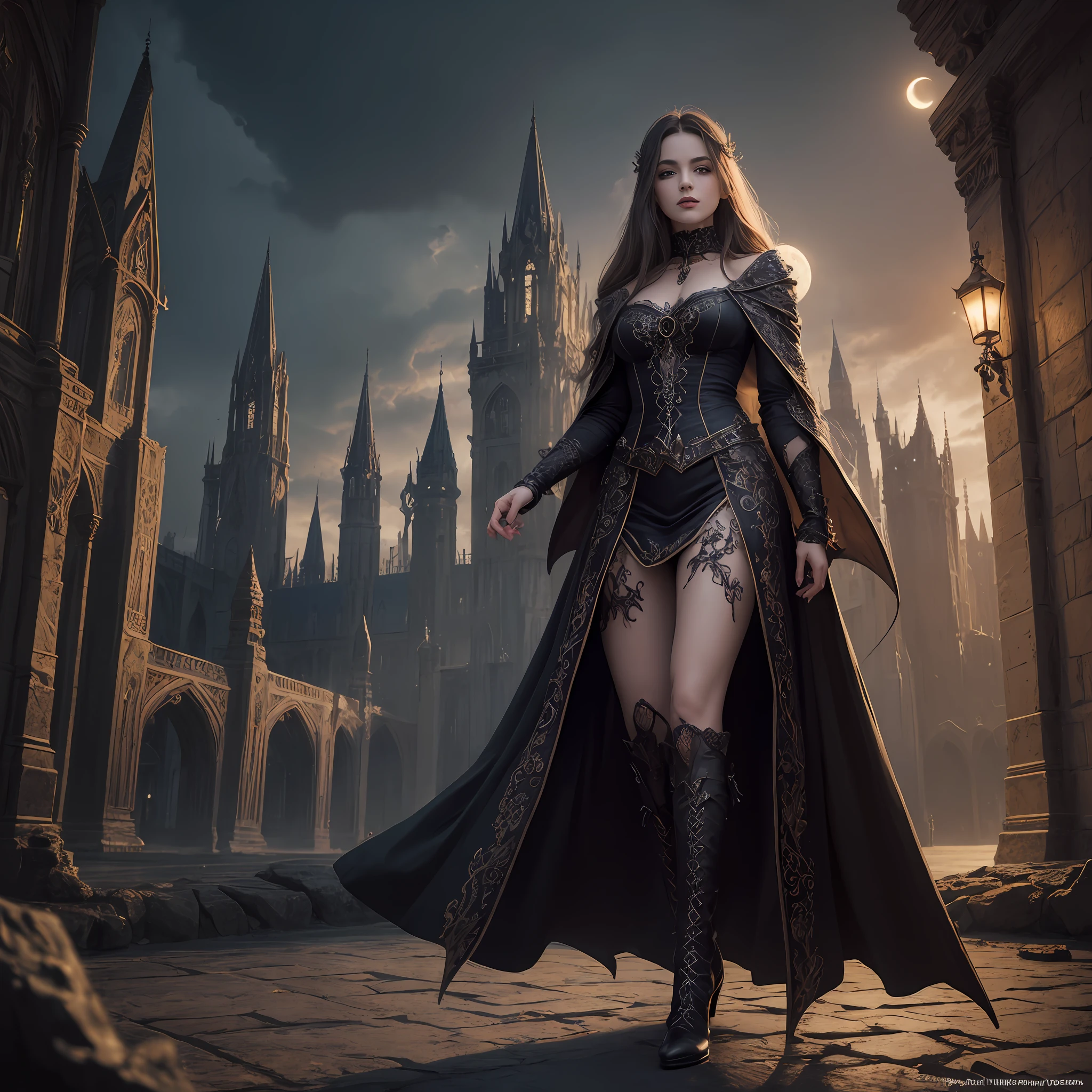 fantasy art, gothic art, (masterpiece:1.5), full body best details, highly detailed, best quality, highres, full body portrait of a vampire, elf (1.6, Masterpiece, best quality), ultra feminine, wizard, (1.4 intricate details, Masterpiece, best quality) with a long curvy hair, light color hair, blue eyes, (fantasy art, Masterpiece, best quality), ((beautiful delicate face)), Ultra Detailed Face (1.6 intricate details, fantasy art, Masterpiece, best quality), [[visible vampiric fangs]] (1.5 intricate details, fantasy art, Masterpiece, best quality), red cloak, flowing cloak (1.4 intricate details, fantasy art, Masterpiece, best quality), wearing an intricate black dress (1.4 intricate details, fantasy art, Masterpiece, best quality), high heeled boots, urban background (intense details, beat details), fantasy, at night light, natural ,moon light, clouds, gothic atmosphere, soft light, dynamic light, [[anatomically correct]], high details, best quality, 8k, [ultra detailed], masterpiece, best quality, (extremely detailed), dynamic angle