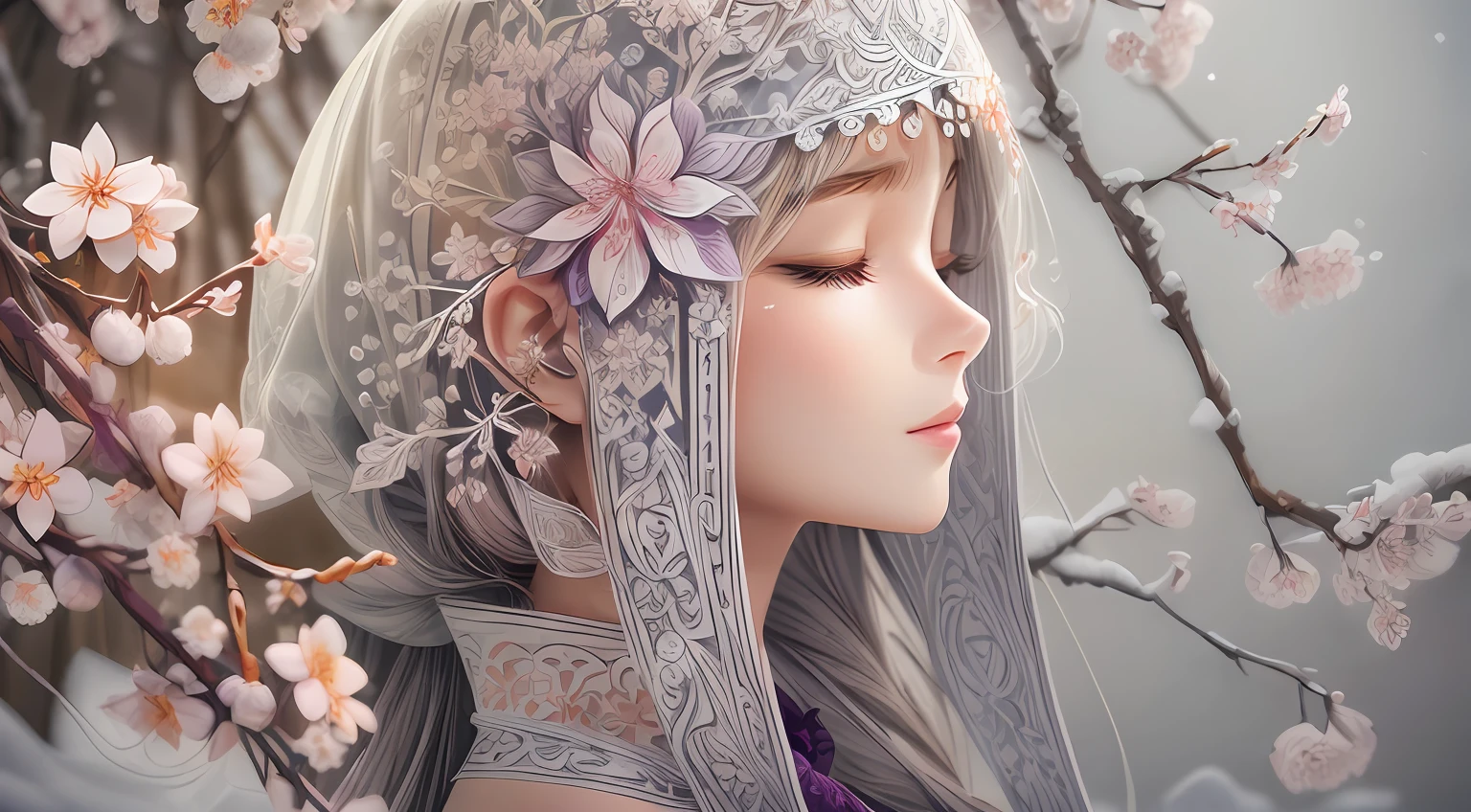 (illustration:1.3),paper art, zentangle,3D rendering,White background,Winter,(Beauty side face,close eyes:1.3),(plum blossom:1.2), Colorful, Best quality, Detailed details, Masterpiece, offcial art, Cinematic lighting effects, 4K,