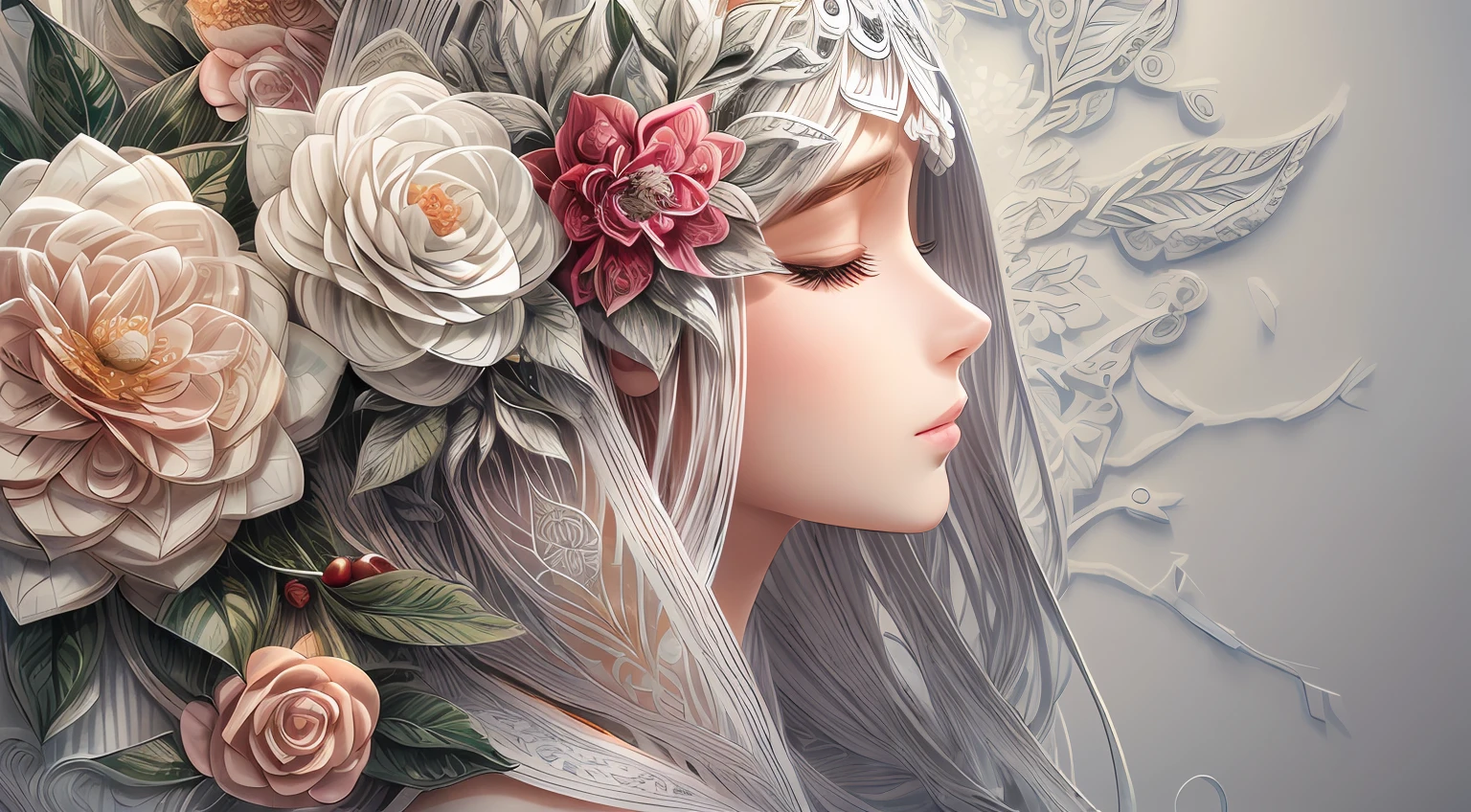 (illustration:1.3),paper art, zentangle，3D rendering，White background，Winter，(Beauty side face,close eyes:1.3)，(plum blossom:1.2), Colorful, Best quality, Detailed details, Masterpiece, offcial art, Cinematic lighting effects, 4K,