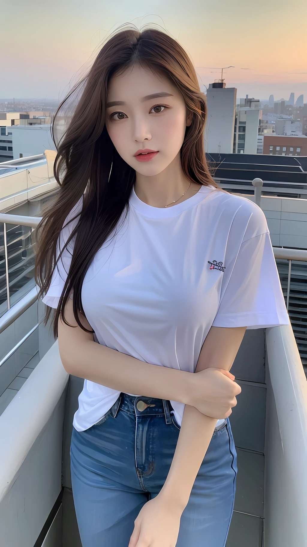 ((Midnight, Best quality, 8k, Masterpiece :1.3)), Whole body, Long legs, Sharp focus :1.2, A pretty woman with perfect figure :1.4, Slender abs :1.1, ((Dark brown hair, Big breasts :1.2)), (White tight tshirt, Jean bib, Standing:1.2), ((Night city view, Rooftop:1.3)), Highly detailed face and skin texture, Detailed eyes, Double eyelid