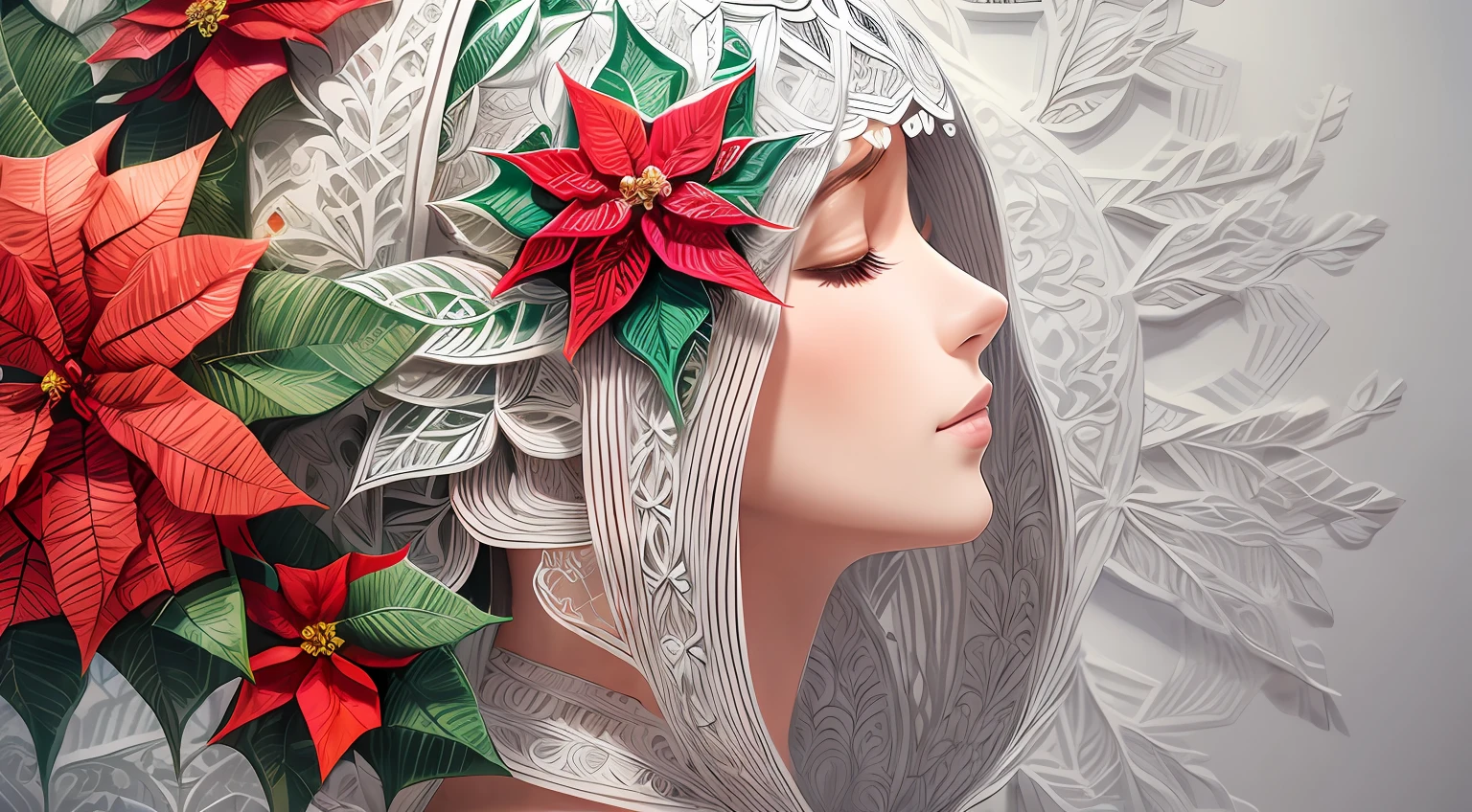 (illustration:1.3),paper art, zentangle，3D rendering，White background，Winter，(Beauty side face,close eyes:1.3)，(plum blossom:1.2), Colorful, Best quality, Detailed details, Masterpiece, offcial art, Cinematic lighting effects, 4K,