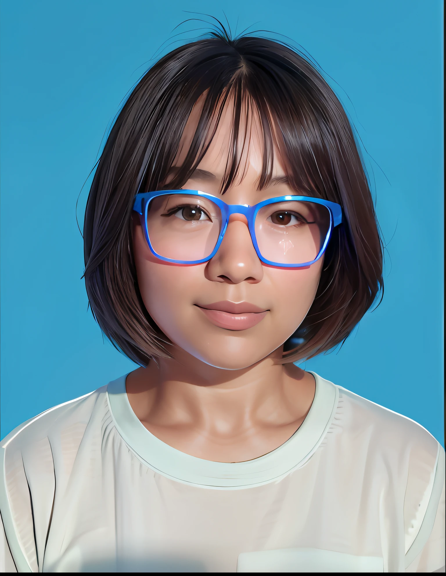 Close up of a teenage girl wearing transparent glasses on blue background