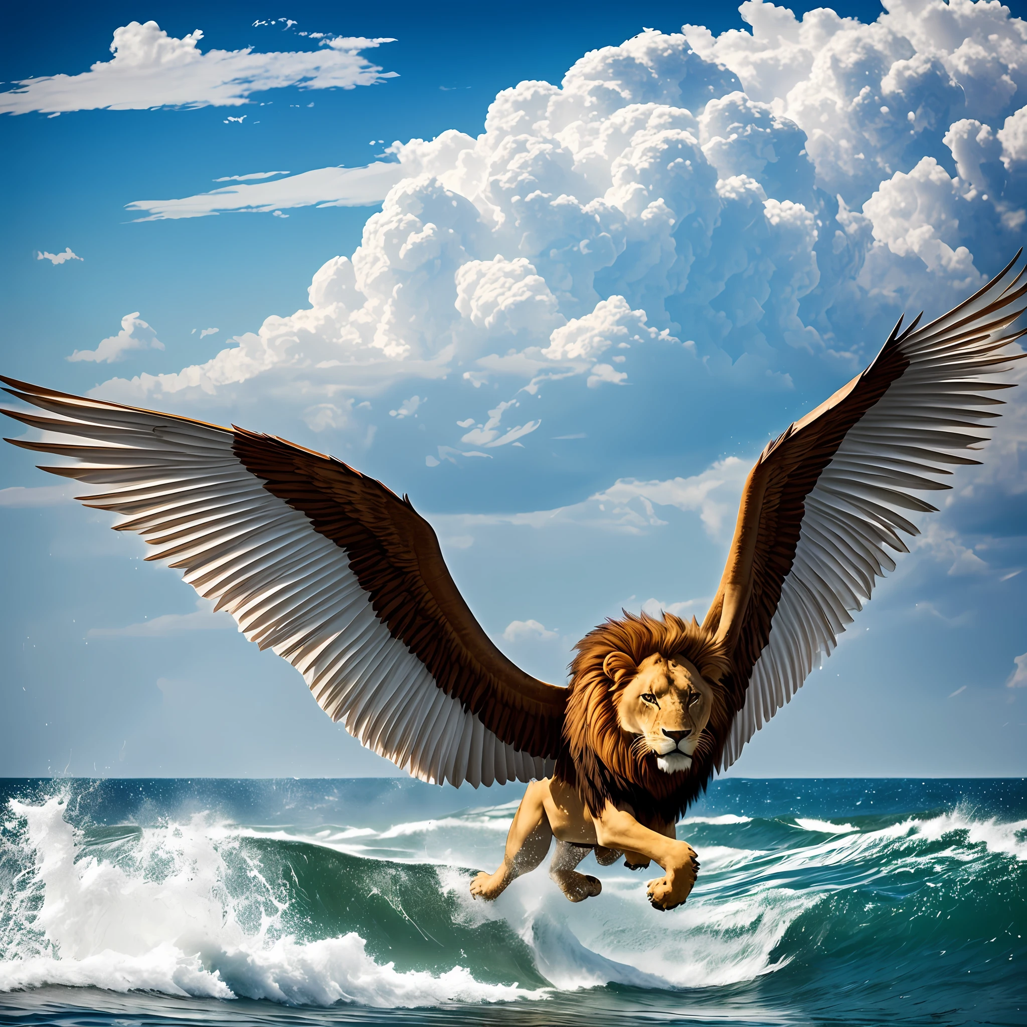 A fierce and frightening lion with large majestic wings running in the waves of the waters, imagem ultra-detalhada, fotografia altamente realista. --auto