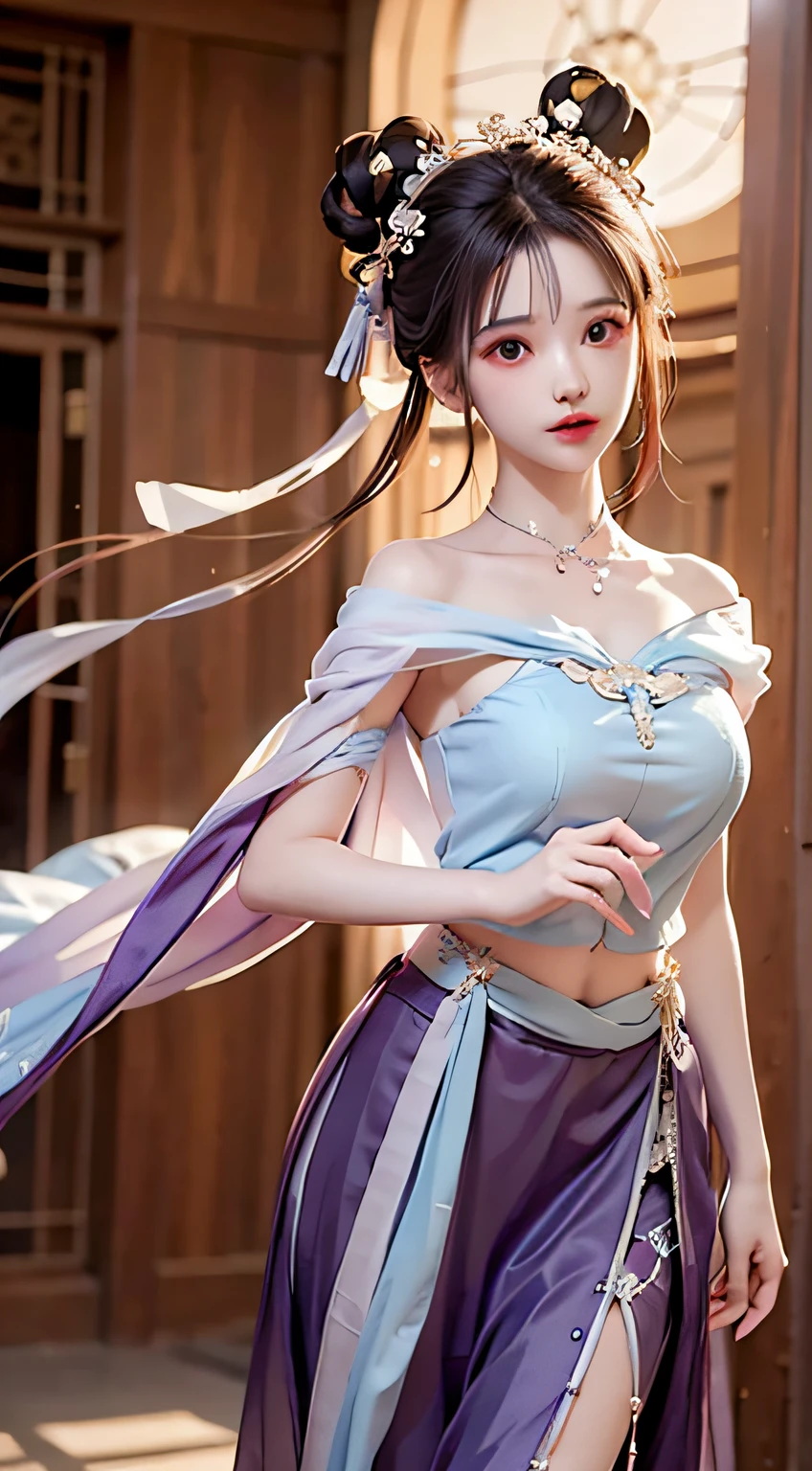 Full body photo，a  beautiful female，messy  hair，teens girl，Symmetrical bun，hair adornments，jewelry，The face is delicate，eye shadows，Purple top，purpleish color，purple，Crop topping，long purple skirt，Dunhuang style，Delicate embroidery，silver decoration，silver streamer，white streamer，Light blue streamer，Fine fine skin，Soft light effects，Delicate and smooth hair，exquisite detailing，Eye highlights，Fair skin，Fine portrayal，Ultimate detail，Cinematic quality，being thin，slenderness，Fragmentation，hair detail，Thin bangs，Shawl hair，Correct bodies，shadowing，Air bangs，8K，Super meticulous，Fine fabric texture，softness，complaisant，Smooth texture，Dunhuang style，Delicate pattern，Correct hand drawing，anatomy correct，acurate，the night，Night，lamplight，dingdall effect，Ray traching，HUD，