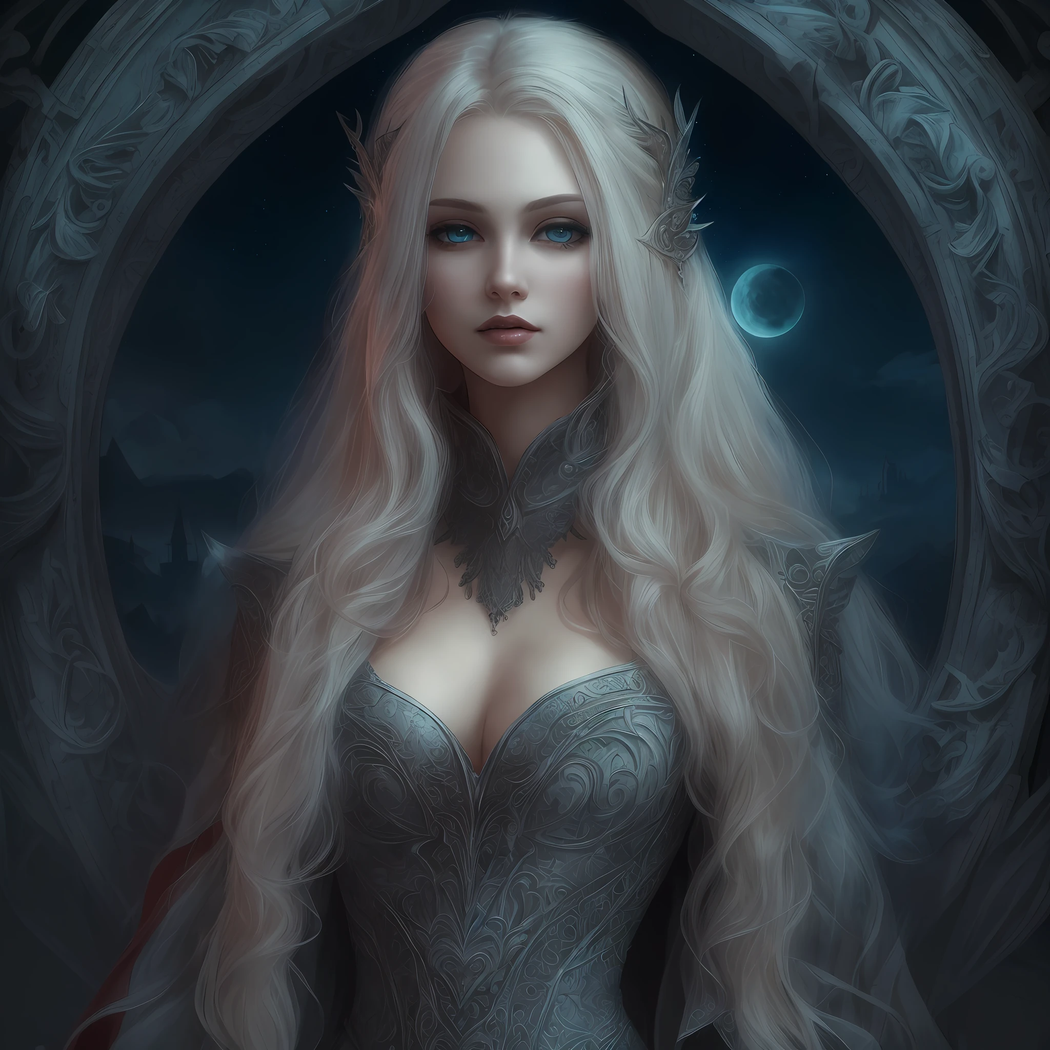 fantasy art, gothic art, (masterpiece:1.5), full body best details, highly detailed, best quality, highres, full body portrait of a vampire, elf (1.6, Masterpiece, best quality), ultra feminine, wizard, (1.4 intricate details, Masterpiece, best quality) with a long curvy hair, light color hair, blue eyes, (fantasy art, Masterpiece, best quality), ((beautiful delicate face)), Ultra Detailed Face (1.6 intricate details, fantasy art, Masterpiece, best quality), [[vampiric fangs 1.5]] (1.5 intricate details, fantasy art, Masterpiece, best quality), red cloak, flowing cloak (1.4 intricate details, fantasy art, Masterpiece, best quality), wearing an intricate black dress (1.4 intricate details, fantasy art, Masterpiece, best quality), high heeled boots, urban background (intense details, beat details), fantasy, at night light, natural ,moon light, clouds, gothic atmosphere, soft light, dynamic light, [[anatomically correct]], high details, best quality, 8k, [ultra detailed], masterpiece, best quality, (extremely detailed), dynamic angle