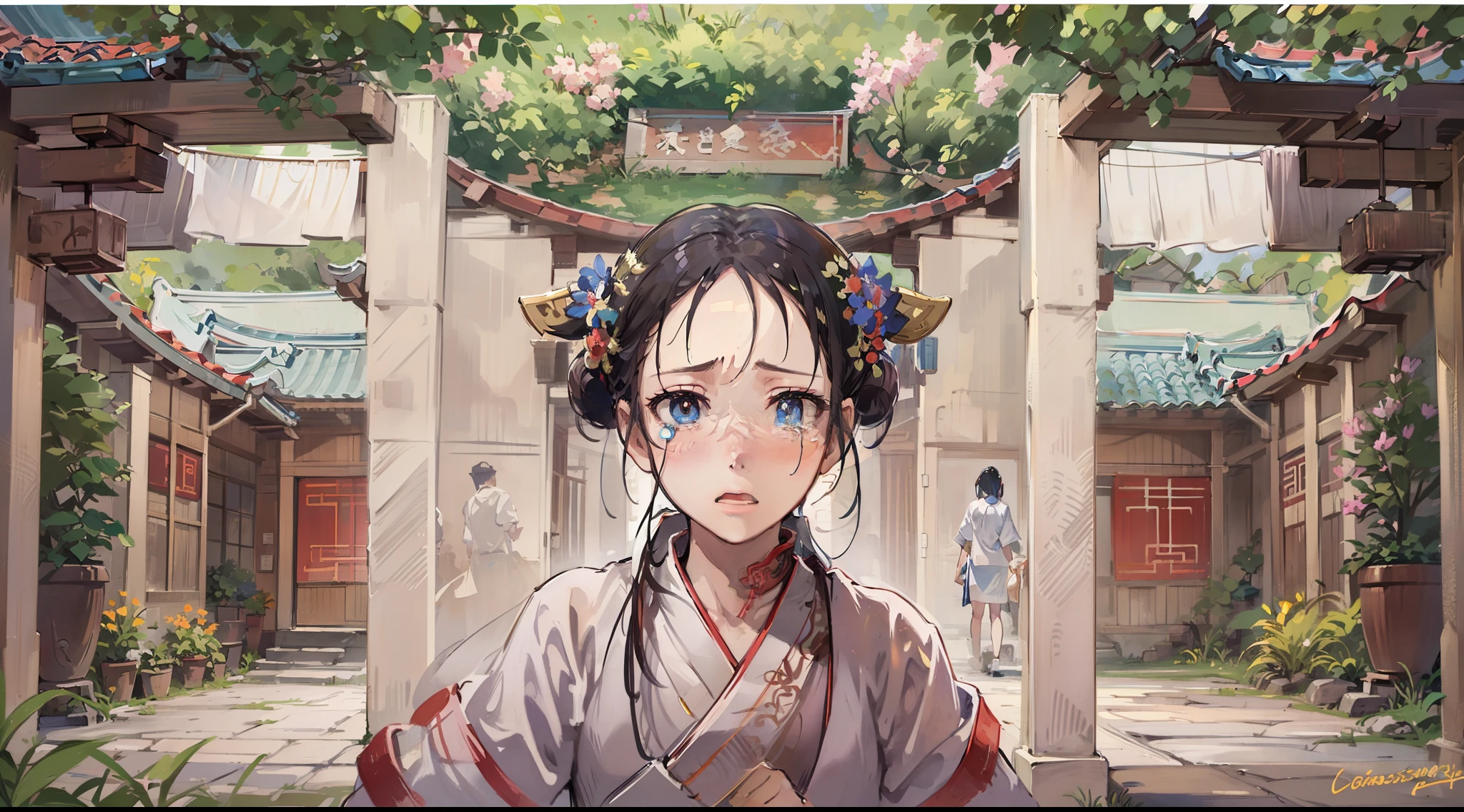 (((tmasterpiece))), Best picture quality,hyper HD,Ancient China,zona rural,Quadrangle,At the entrance of the courtyard,A crying woman,Ancient Chinese peasant image,Saddened expression,eye closeds