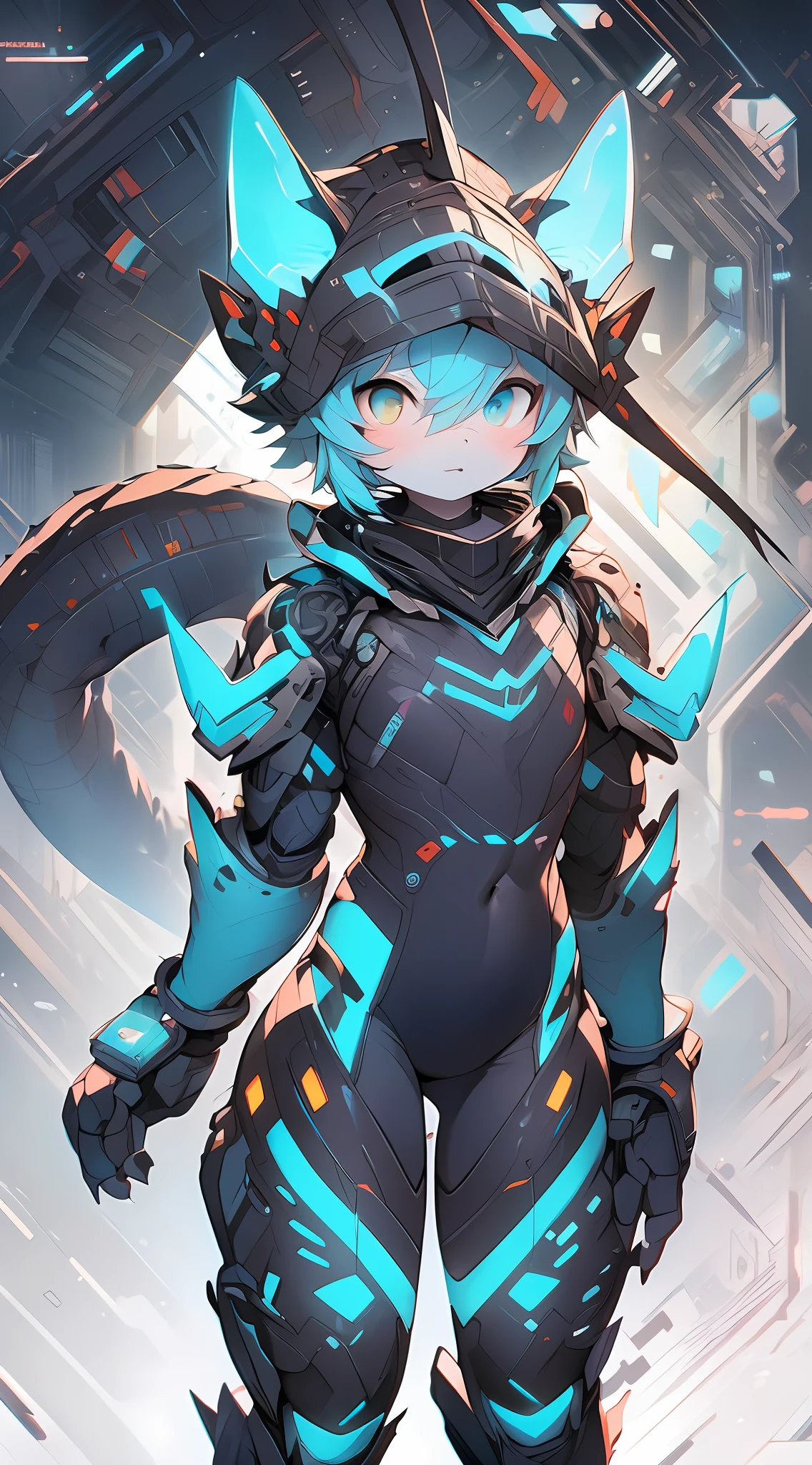 The dragon girl in the mecha，Blue-orange hair，adolable，Mechanical nanoskin，black reotard，Black mid-tube socks，full bodyesbian，nakeness，Shota