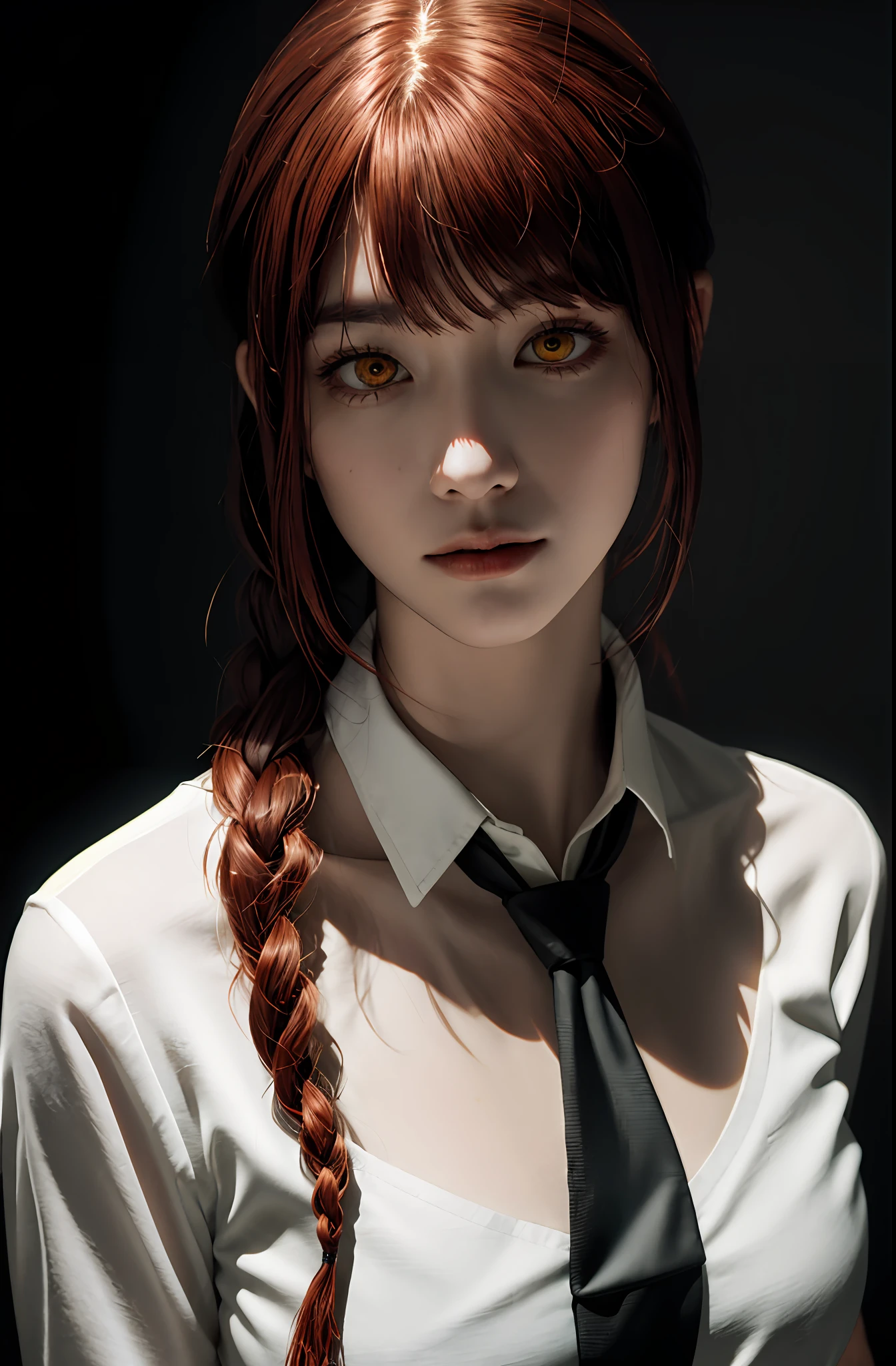 masterpiece, (photorealistic:1.4), best quality, beautiful lighting,
(ulzzang-6500:0.5), makima \(chainsaw man\), (red hair)+(long braided hair)+(bangs), yellow eyes, golden eyes, ((ringed eyes)), (white shirt), (necktie),
RAW photo, 8k uhd, film grain