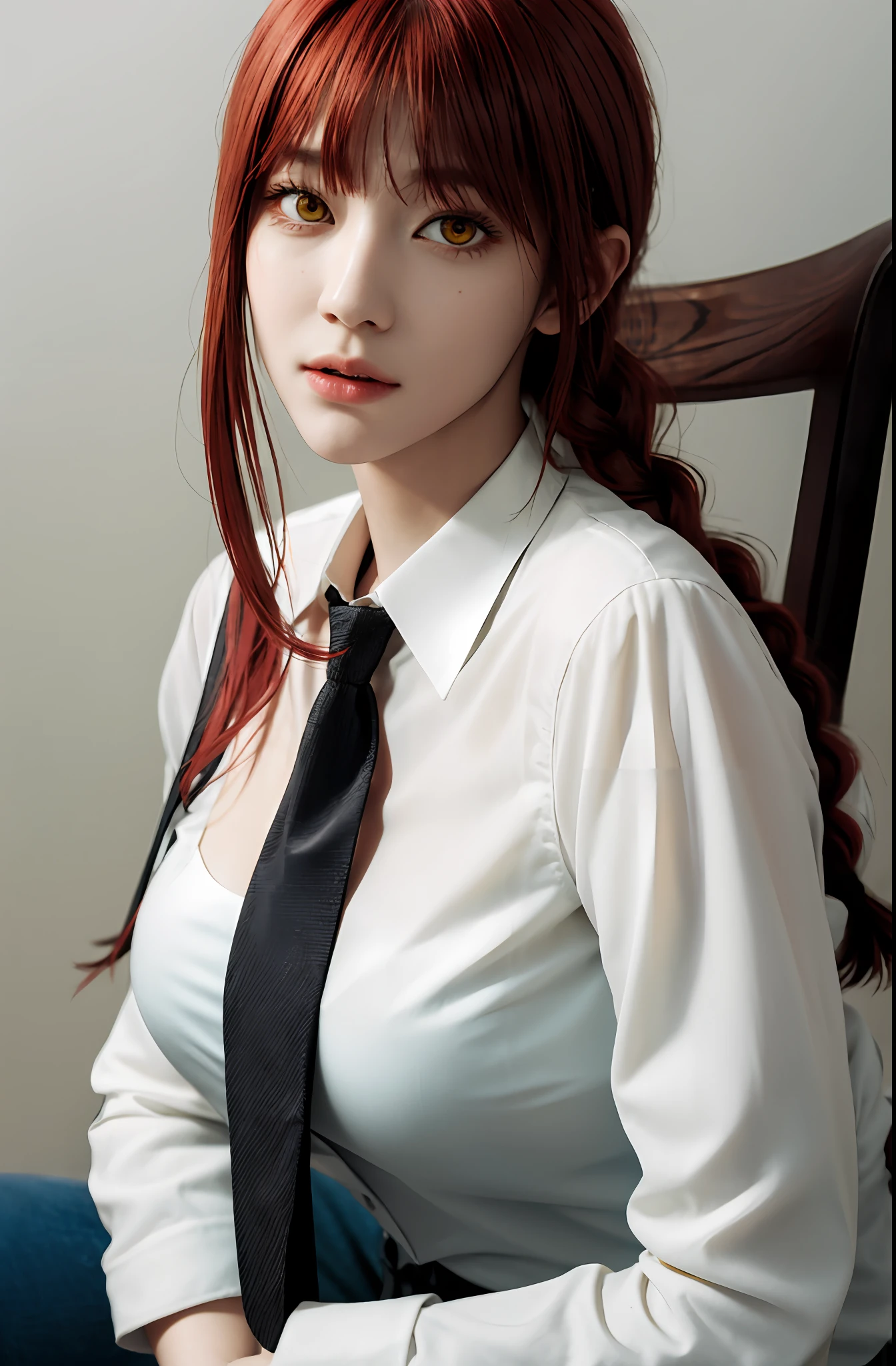 masterpiece, (photorealistic:1.4), best quality, beautiful lighting,
(ulzzang-6500:0.5), makima \(chainsaw man\), (red hair)+(long braided hair)+(bangs), yellow eyes, golden eyes, ((ringed eyes)), (white shirt), (necktie),
RAW photo, 8k uhd, film grain