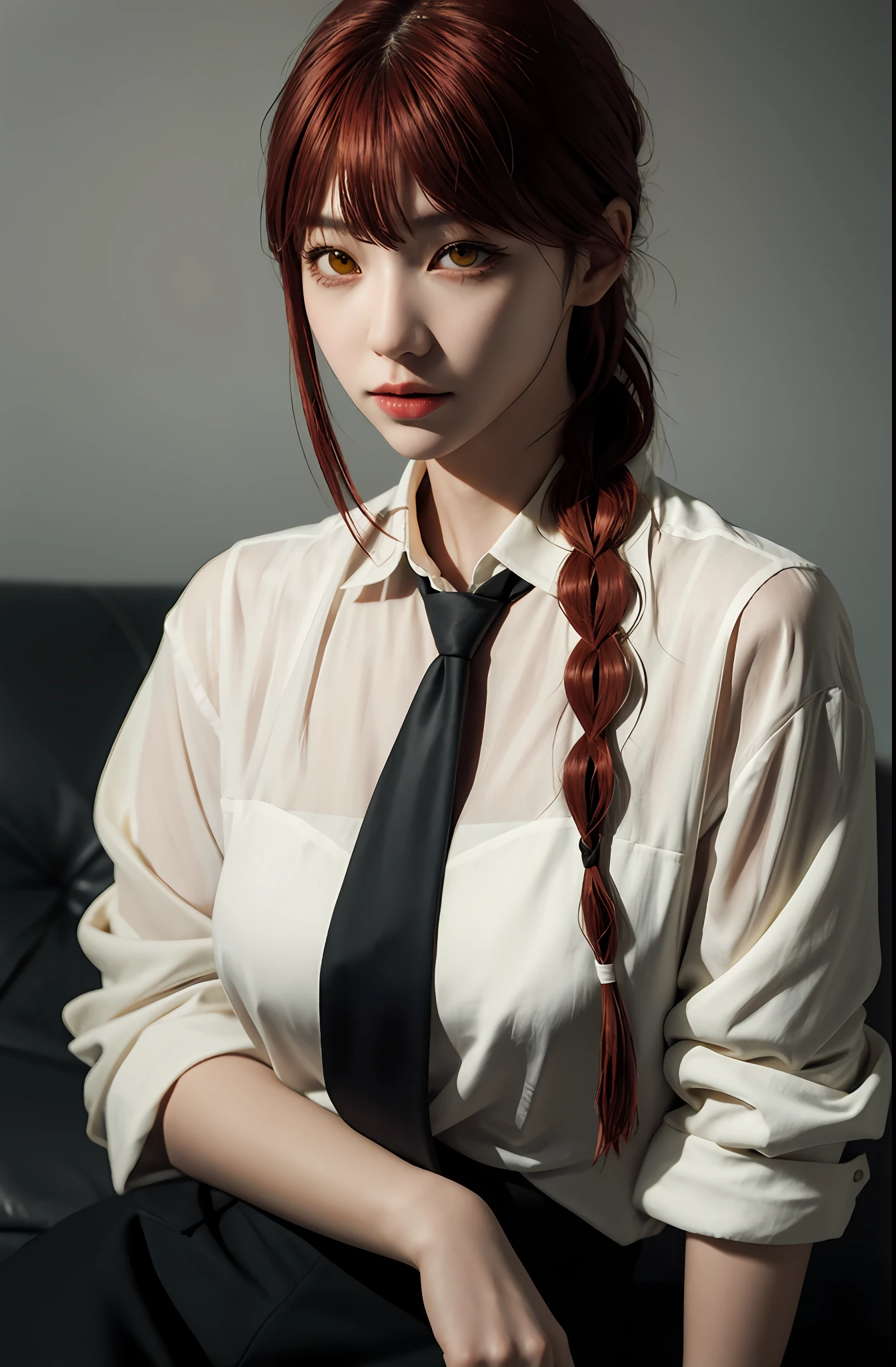 masterpiece, (photorealistic:1.4), best quality, beautiful lighting,
(ulzzang-6500:0.5), makima \(chainsaw man\), (red hair)+(long braided hair)+(bangs), yellow eyes, golden eyes, ((ringed eyes)), (white shirt), (necktie),
RAW photo, 8k uhd, film grain