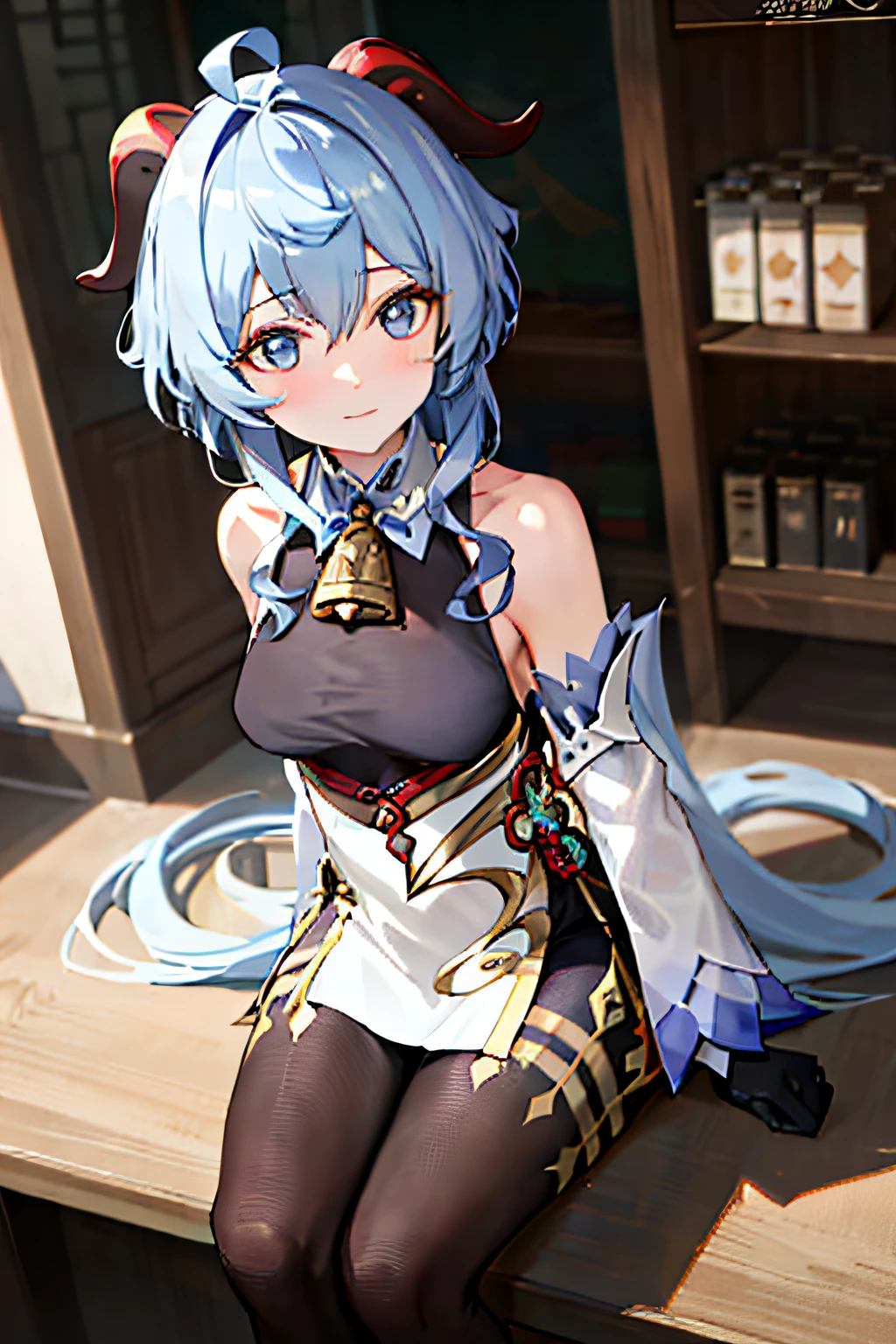 (photorealistic:1.4), (masterpiece, sidelighting, finely detailed beautiful eyes: 1.2), masterpiece*portrait, realistic, 3d face, 
ganyu \(genshin impact\), 1girl, ahoge, architecture, bangs, bare shoulders, bell, black gloves, black pantyhose, (blue hair), blush, breasts, chinese knot, detached sleeves, flower knot, gloves, horns, long hair, looking at viewer, medium breasts, neck bell