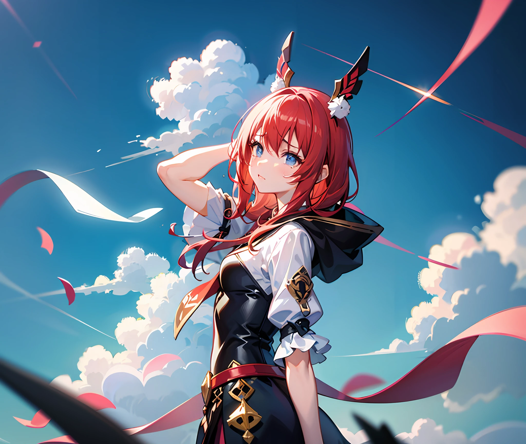 Anime girl with red hair and sky sword, Anime art wallpaper 4 K, Anime art wallpaper 4k, Anime art wallpaper 8 K, Best anime 4k konachan wallpaper, Anime fantasy artwork, A scene from the《sky cities》videogame, Genshin Impact, Anime wallpaper 4K, Anime wallpaper 4 k, style of anime4 K, beautiful fantasy anime，weeping，streaming tears，