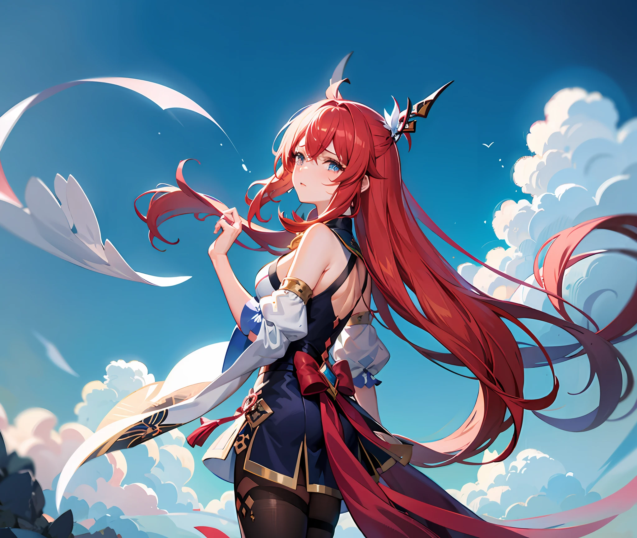 Anime girl with red hair and sky sword, Anime art wallpaper 4 K, Anime art wallpaper 4k, Anime art wallpaper 8 K, Best anime 4k konachan wallpaper, Anime fantasy artwork, A scene from the《sky cities》videogame, Genshin Impact, Anime wallpaper 4K, Anime wallpaper 4 k, style of anime4 K, beautiful fantasy anime,weeping,streaming tears,