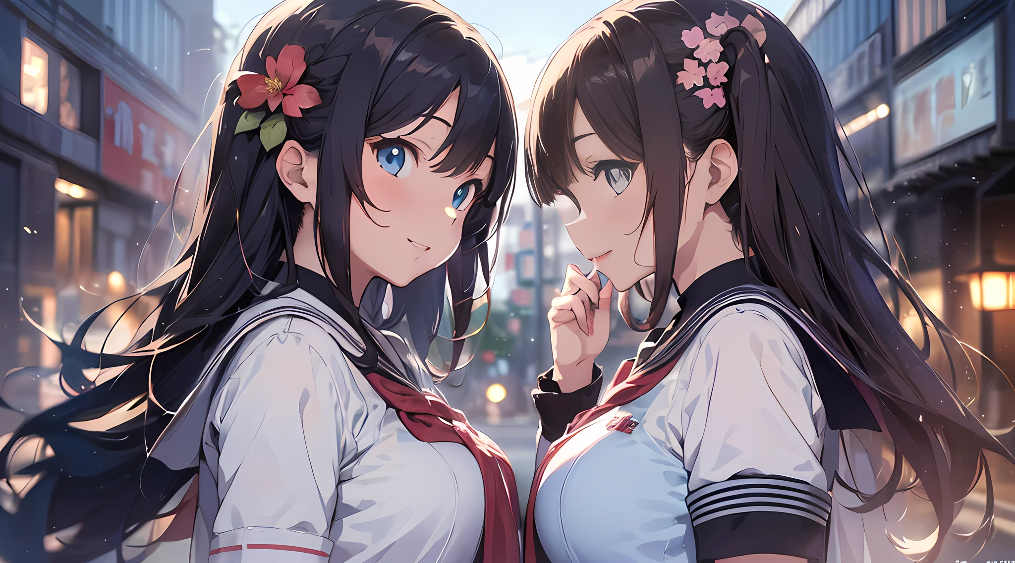 ((Illustration of two high school girls staring each other:1.37)), Yuri illustration, ((A tall girl head to head a short girl:1.37, Put one's heads together)), anime style illustration, high resolution, ultra-detailed, (2girls:1.3), (Dynamic Pose):1.0 Breaks, (((Upper body image:1.37)), ((Detailed blue eyes:1.3)), (bokeh effects), (Dynamic Angle), One very beautiful and attractive anime wife in a gorgeous competitive dance hall, (Japan High School Girl Uniform:1.37), BREAK, (lower girl has a wavy twin-tailed hairstyle with brown hair, medium breasts⁩, slender, blush), (taller girl has black straight hair, big breast, slender, light smile, Happy), Wind, 8 life-size, detailed clothes, Detailed body, detailed arms, Human Hands, Detailed hand, Perfect nose, blush, light smile, Pink lip Gloss, sexy model posing, Floating hair, BREAK, Studio Soft Light, Cinematic Light, Gorgeous dancehall background:1.3, Detailed background, Realistic, Ultra-realistic, masterpiece, 32K ultra-clear images, Japanese anime waifu, Concept art by Kyoto Animation, By Shinkai Makoto,