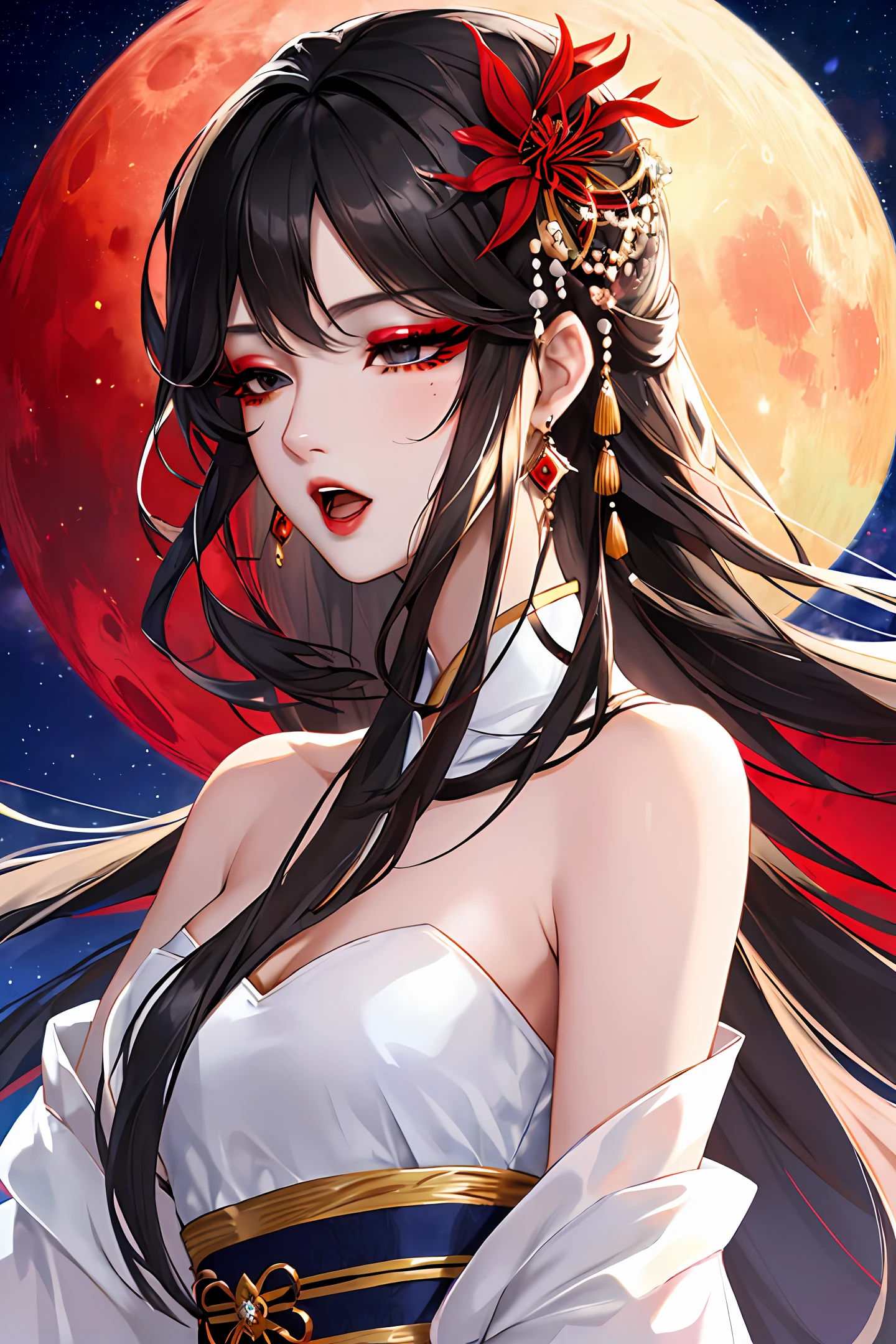 ((High Resolution)), (Open Mouth), (Bust), ((Top Quality)), ((Ultra Fine)) ((Ultra Fine CG)), ((8k_wallpaper)), Dynamic Angle, Floating, (Eyes with Beautiful Details), Very Delicate and Beautiful Girl, Upper Body, Ink Painting, (Chinese Style), Black Eyes, Burning, Detail Light. from_low, (black hair), (red spider lily: 1.33), aqua eye, (hair flower): 1.3), Bloom, single, starry sky, hair ornament, earrings, jewelry, messed up hair, bare shoulders, half-closed eyes, bloom, ((for men)), fairy, (Hanfu: 1.3), (medium breasts): 1.2), (eyeshadow, red eyeliner: 1.15), (eye shadow, red eyeliner: 1.15), (eye shadow, red eyeliner: 1.15), (eye visible through hair: 1.2), (solo)), red moon