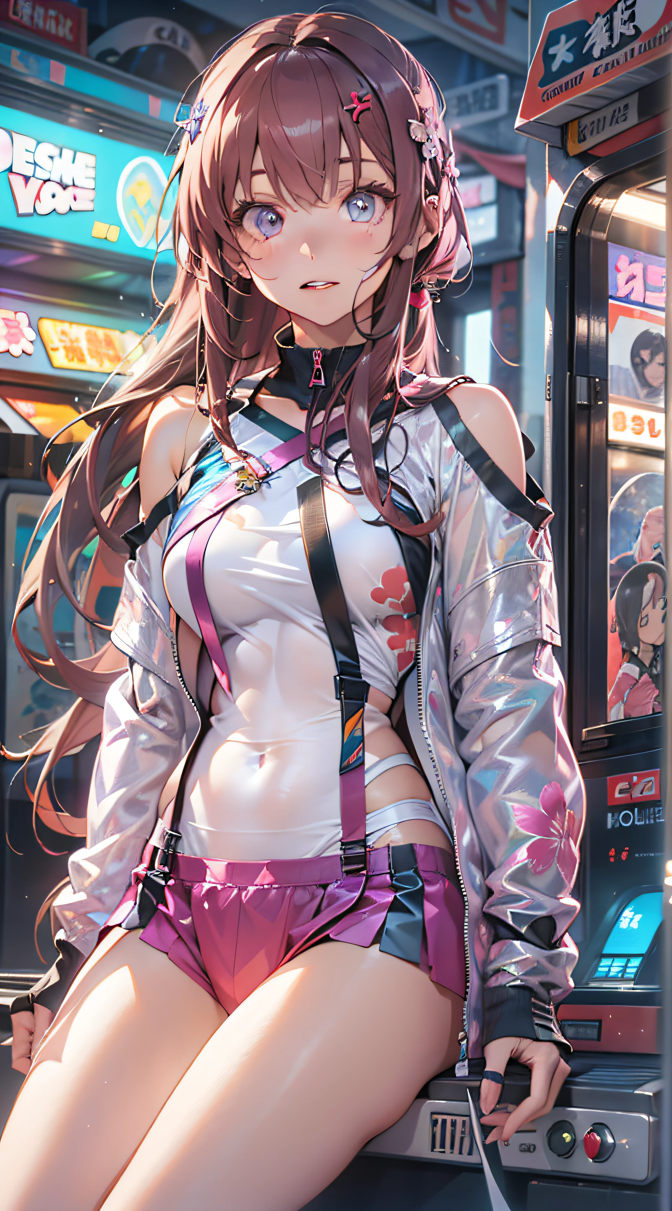 ((Masterpiece)), best quality, absurderes, ultra detailed, holographic, cowboy shot, golden ratio, super cute girl, mature girl, idol girl, super beautiful asian girl with very beautiful violet glowing eyes, beautiful glowing brown multicolored hair, high ponytail, nice and sexy body, slim body, perfect body, wearing a super tight anime printed leotard, an anime printed super tight off shoulder long sleeve crop top, a super aesthetic transparent mini jacket, beautiful hair ornament, pink jordan tennis, playing with her handsome otaku skinny boyfriend, with black messy glowing hair, in the arcade games