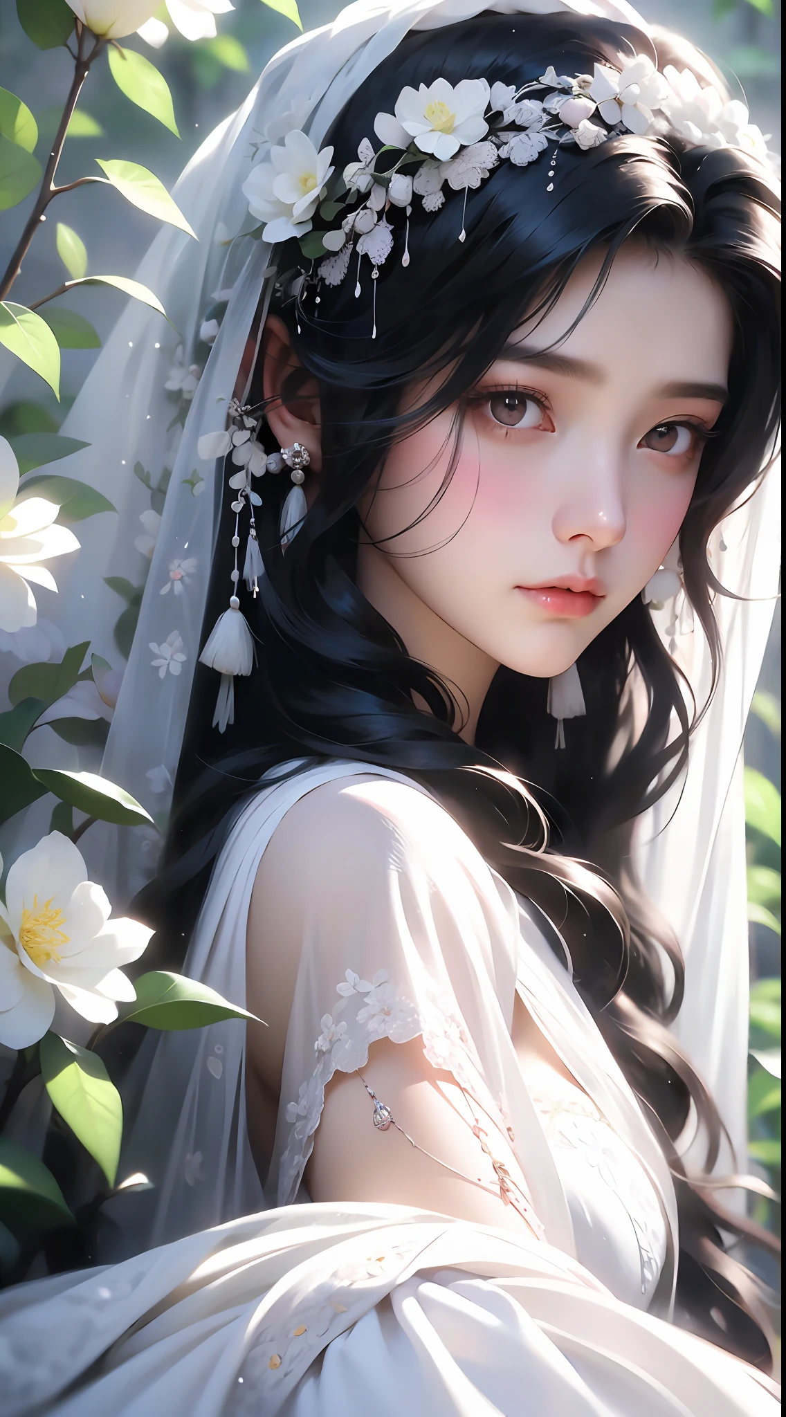 1 girl, full body photo, black hair, flowing hair, hazy beauty, extremely beautiful facial features, white embroidered dress, hairpins on her head, lying in a flower bush, hand dragging chin, perfect hand, white flower, (spring, rainy day, terraces, mountains), simple vector art, contemporary Chinese art, soft light, entangled scarf, overlook