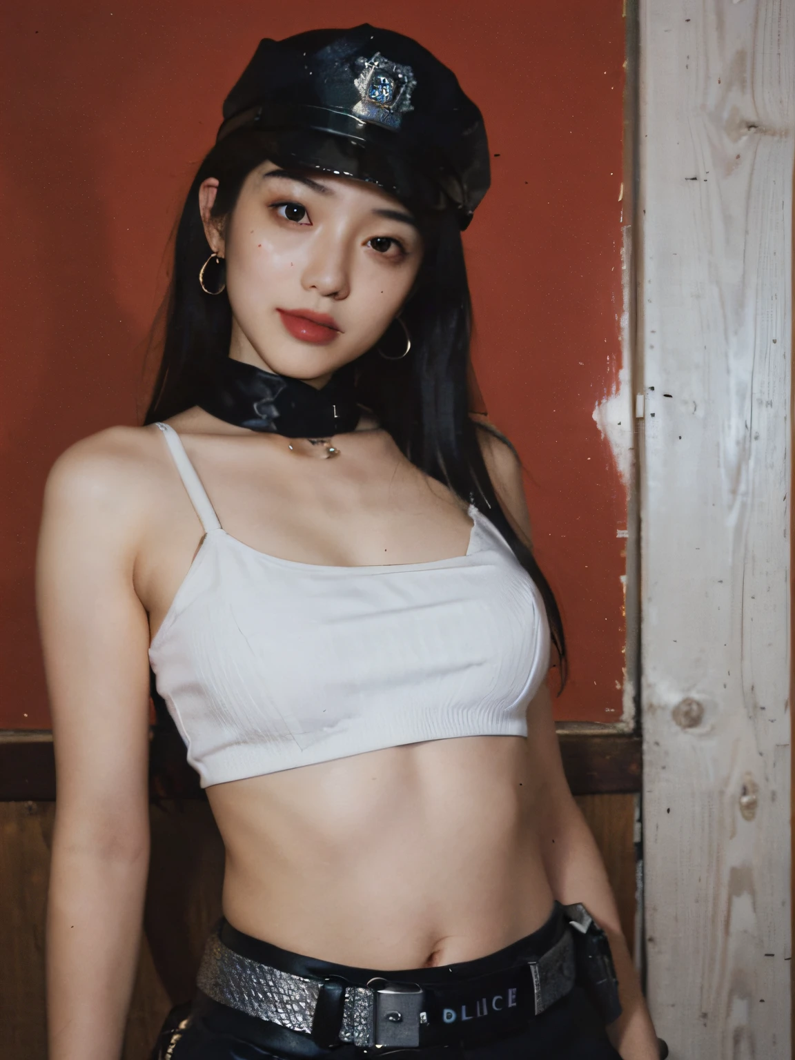 simple background,(Wearing a female police uniform and a police cap:1.4), solo, good hand,4k, high-res, masterpiece, best quality,((Hasselblad photography)), finely detailed skin, sharp focus, (cinematic lighting), soft lighting, dynamic angle, [:(detailed face:1.2):0.2],midriff peek, medium breasts, breasts,(((inside mansion))),1girl, jewelry,earrings, orange_sky, solo, mole, long_hair, mole under eye, upper body, grey eyes, looking at viewer,black hair,Fashion,(head tilt:1.4), red background, lips, slightly smile