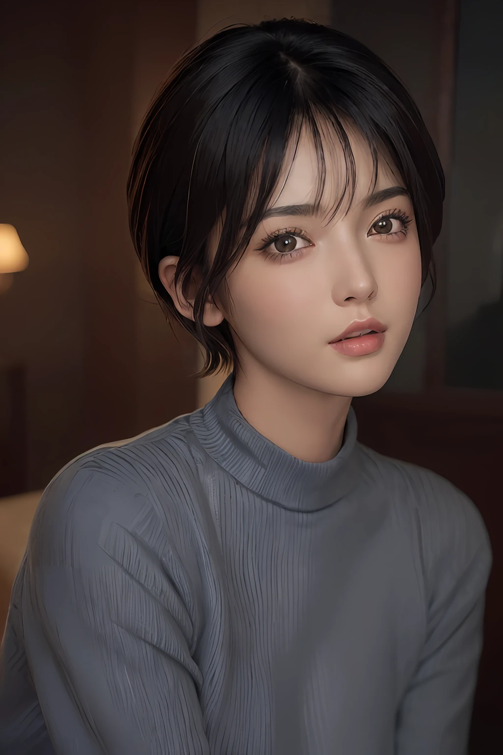 (masterpiece:1.3), (8k, photorealistic, RAW photo, best quality: 1.4), (1girl), beautiful face, (realistic face), (black hair, short hair:1.3), beautiful hairstyle, realistic eyes, beautiful detailed eyes, (realistic skin), beautiful skin, (sweater), absurdres, attractive, ultra high res, ultra realistic, highly detailed, golden ratio