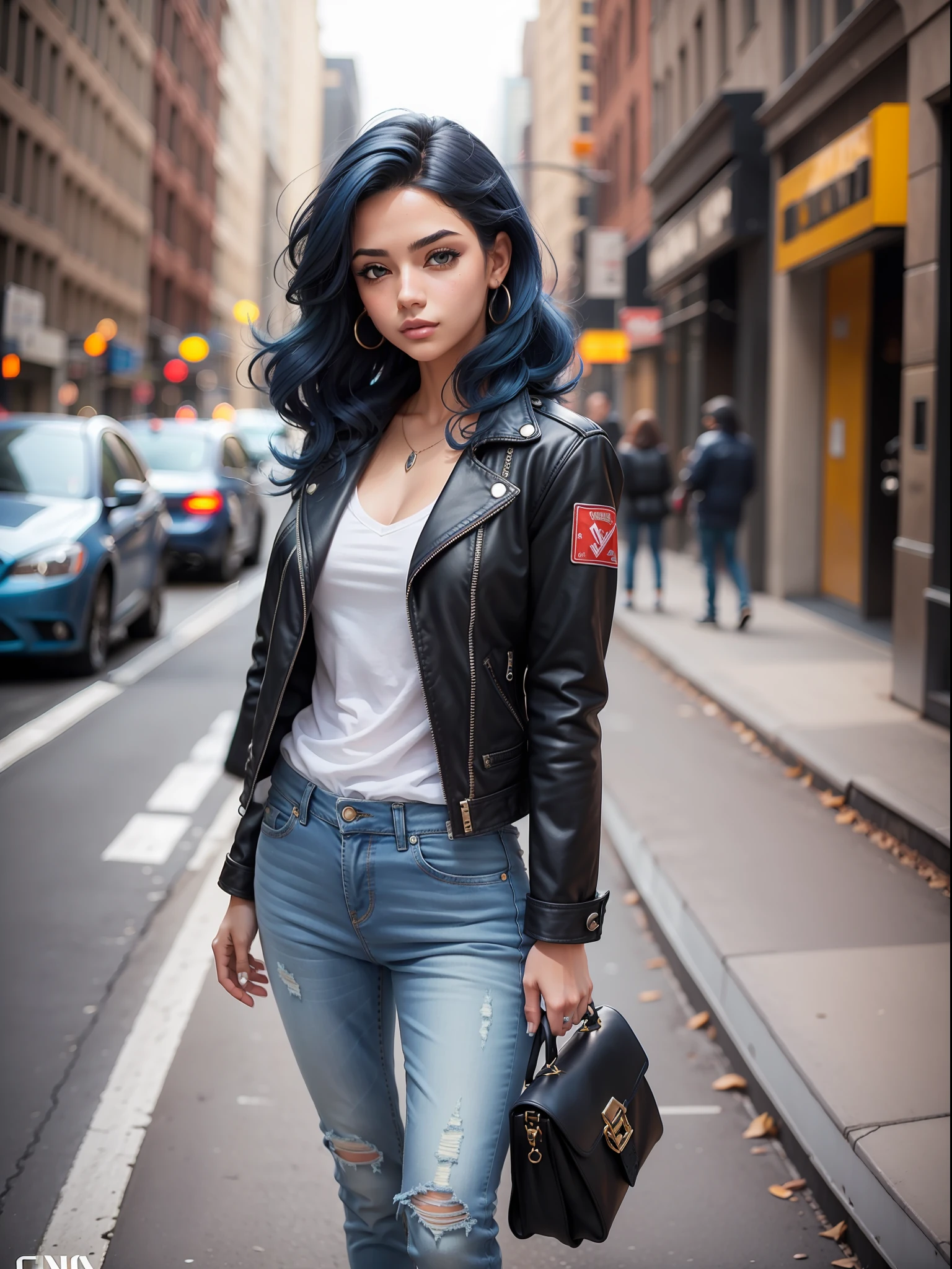 Menina bonita com um cabelo preto vestindo uma jaqueta de couro azul e jeans azul escuro, cinto, andando por Nova York ,estilo graphic novel, zoom behind