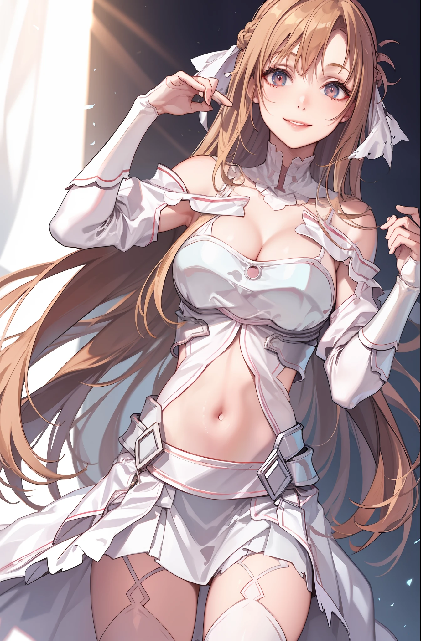 1 female, SAO Asuna's face, Asuna's hairstyle, big ribbon in hair, real beautiful girl, (realistic lips), smile like an angel, BREAK high-definition face, high-definition body, BREAK, off-shoulder cleavage, (open stomach), frilly 3-tier miniskirt, leaning forward, (face)
